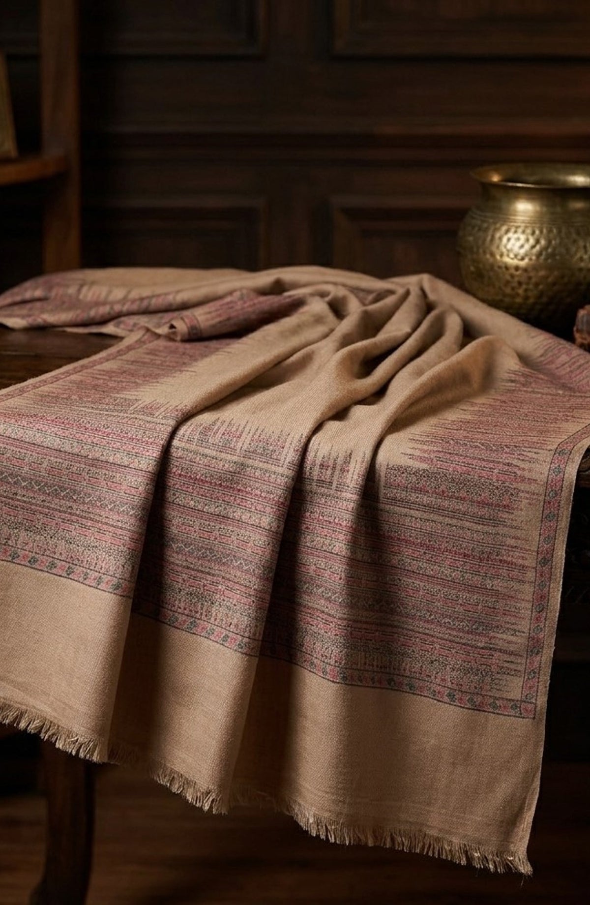 Amna Khadija Kanni Wool Jacquard Shawl - D-06 - AM26GW - Fawn - Winter Collection