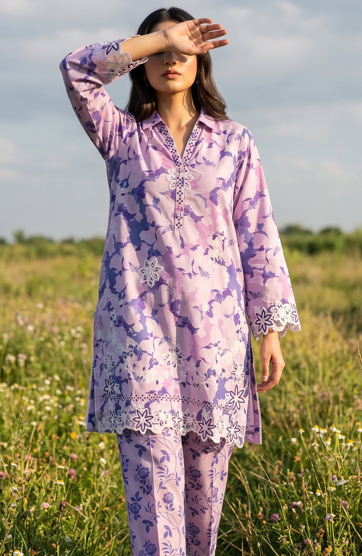 Amna Khadija Embroidered Chikankari Lawn Stitched 2 Piece Co ord Set - AKSE-23 - AM26ETRE - Purple - Summer Collection