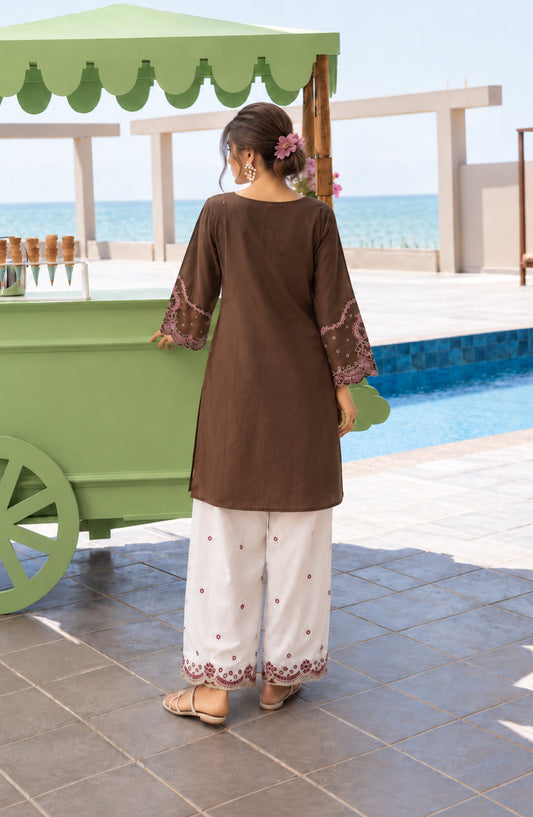 Amna Khadija Embroidered Viscose Linen Stitched 2 Piece Co-ord Set - AKPS-01 - AM26SLY - Brown - Winter Collection