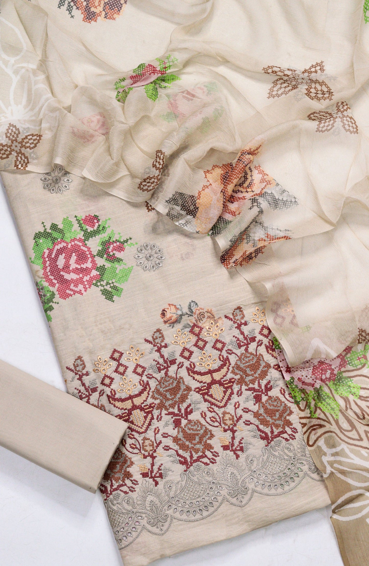 Amna Khadija Fancy Embroidered Lawn Unstitched 3 Piece Suit - D-10 - AM26FNC - Fawn - Summer Collection