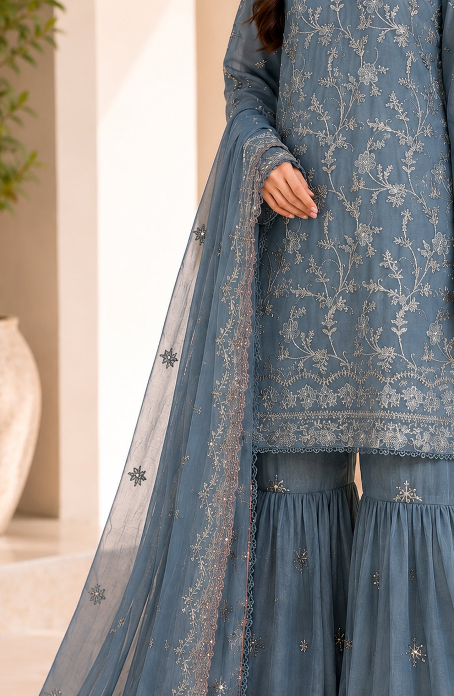 Amna Khadija Neroli Embroidered Chiffon Stitched 3 Piece Suit - AKNC-04 - AM26NARL - Blue - Festive Collection