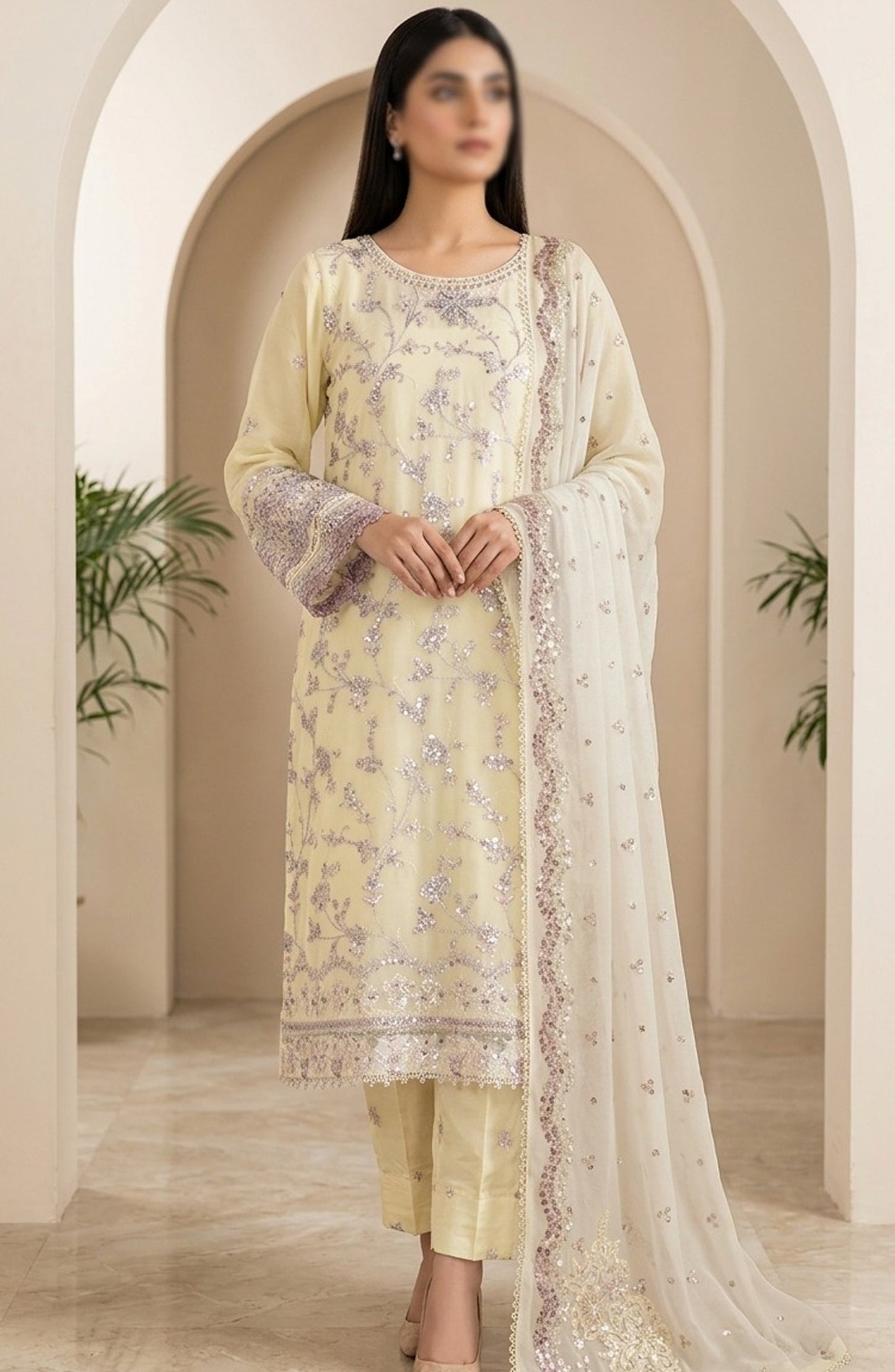 Amna Khadija Neroli Embroidered Chiffon Stitched 3 Piece Suit - AKNC-05 - AM26NARL - Lemon - Festive Collection