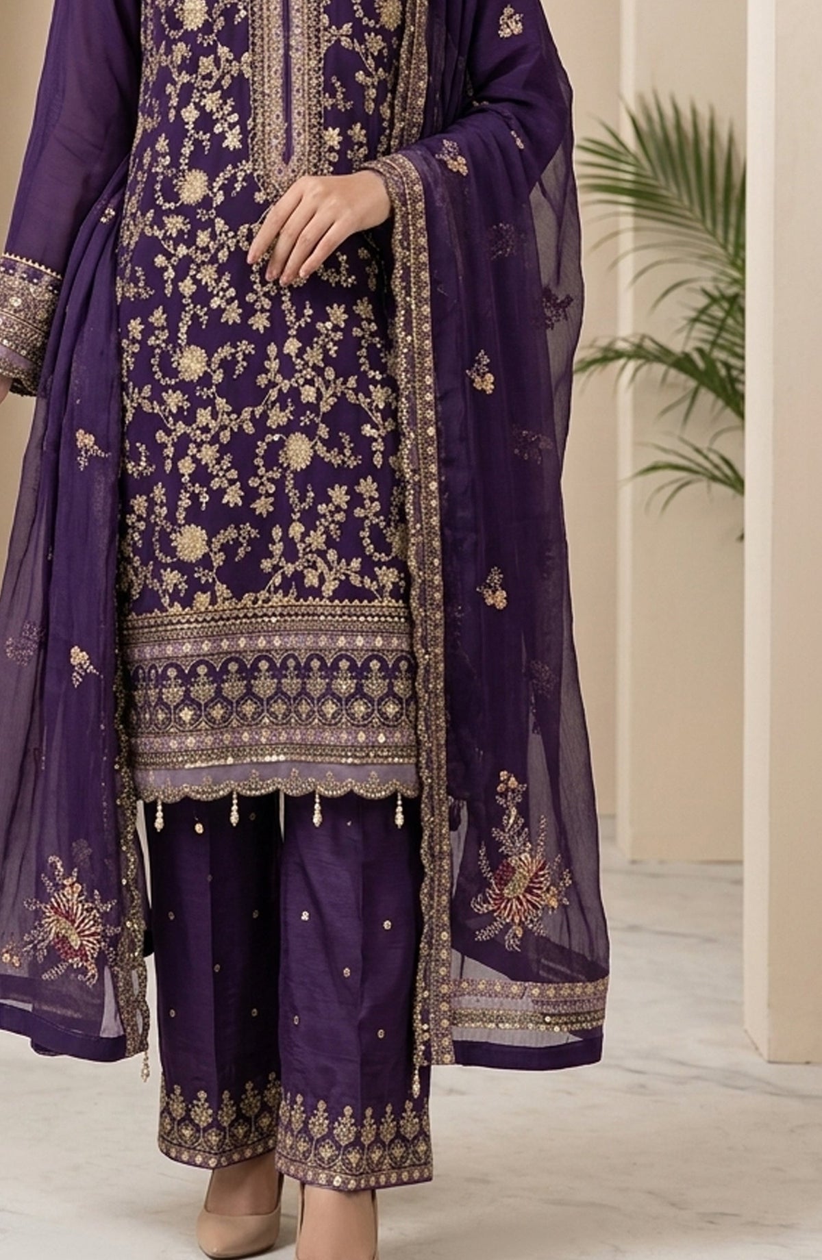 Amna Khadija Neroli Embroidered Chiffon Stitched 3 Piece Suit - AKNC-06 - AM26NARL - Purple - Festive Collection