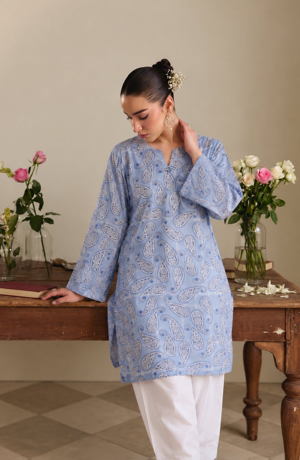 Amna Khadija Sureeli Embroidered Cotton Lawn Stitched 2 Piece Co-ord Set - AKSC-04 - AM26RLI - Steel Blue - Summer Collection