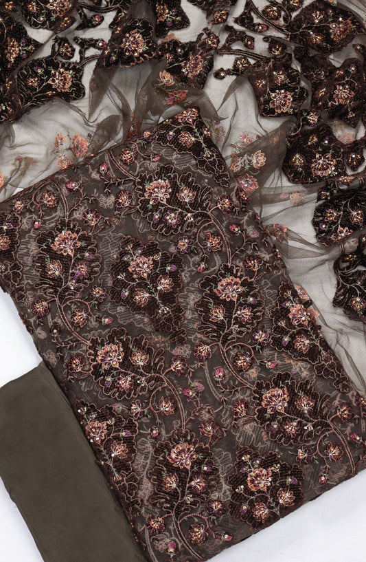 Amna Khadija Embroidered Net Velvet Unstitched 3 Piece Suit - Design-02 - AM25NTV - Brown - Winter Collection