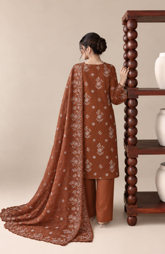 Amna Khadija Embroidered Raw Silk Unstitched 3 Piece Suit - D-02 - AM26RSK - Brown - Winter Collection