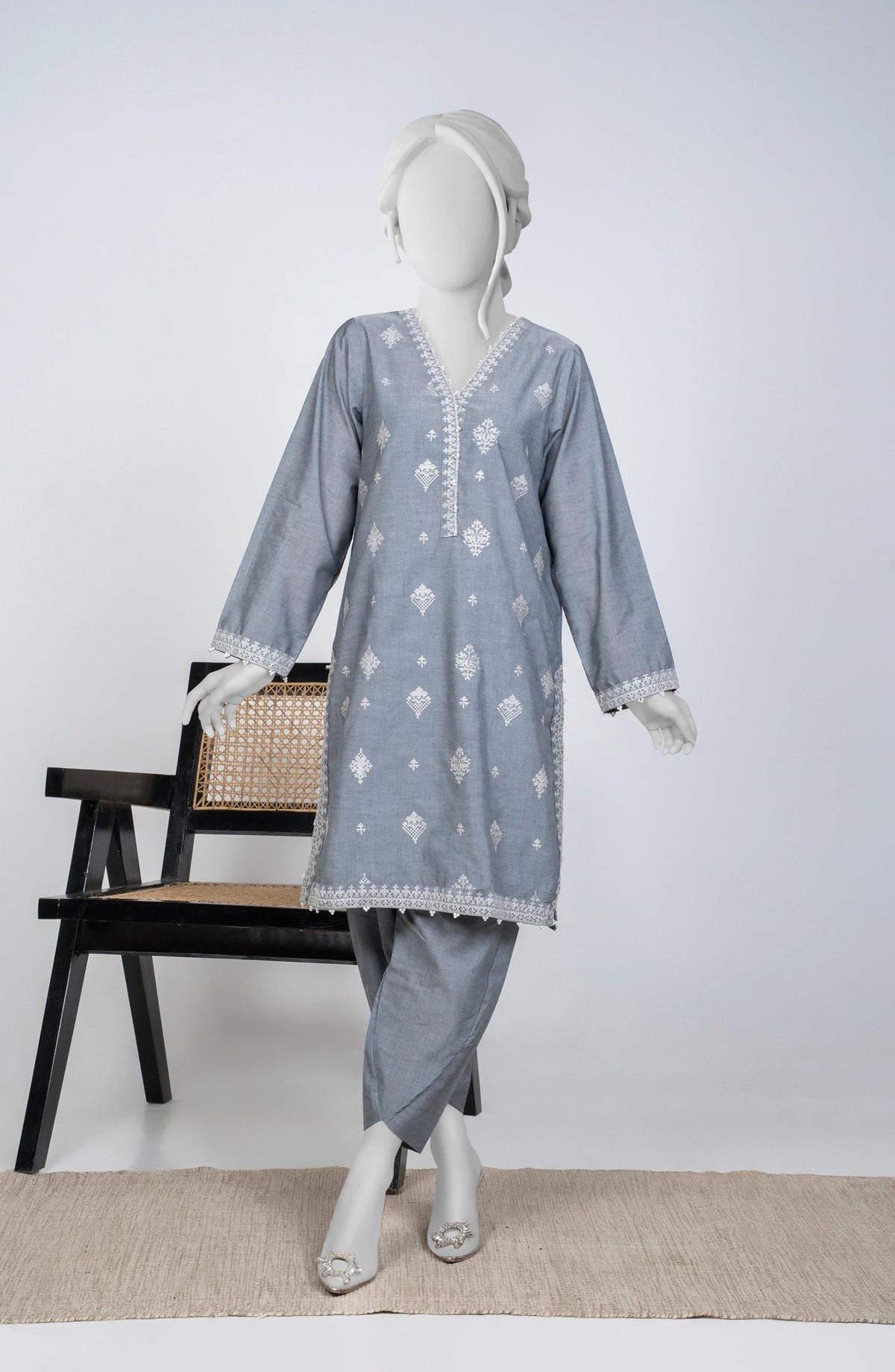 Ayla Embroidered Chambray Stitched 2 Piece Solids - EAE210105B - AY25SW - Grey - Winter Collection