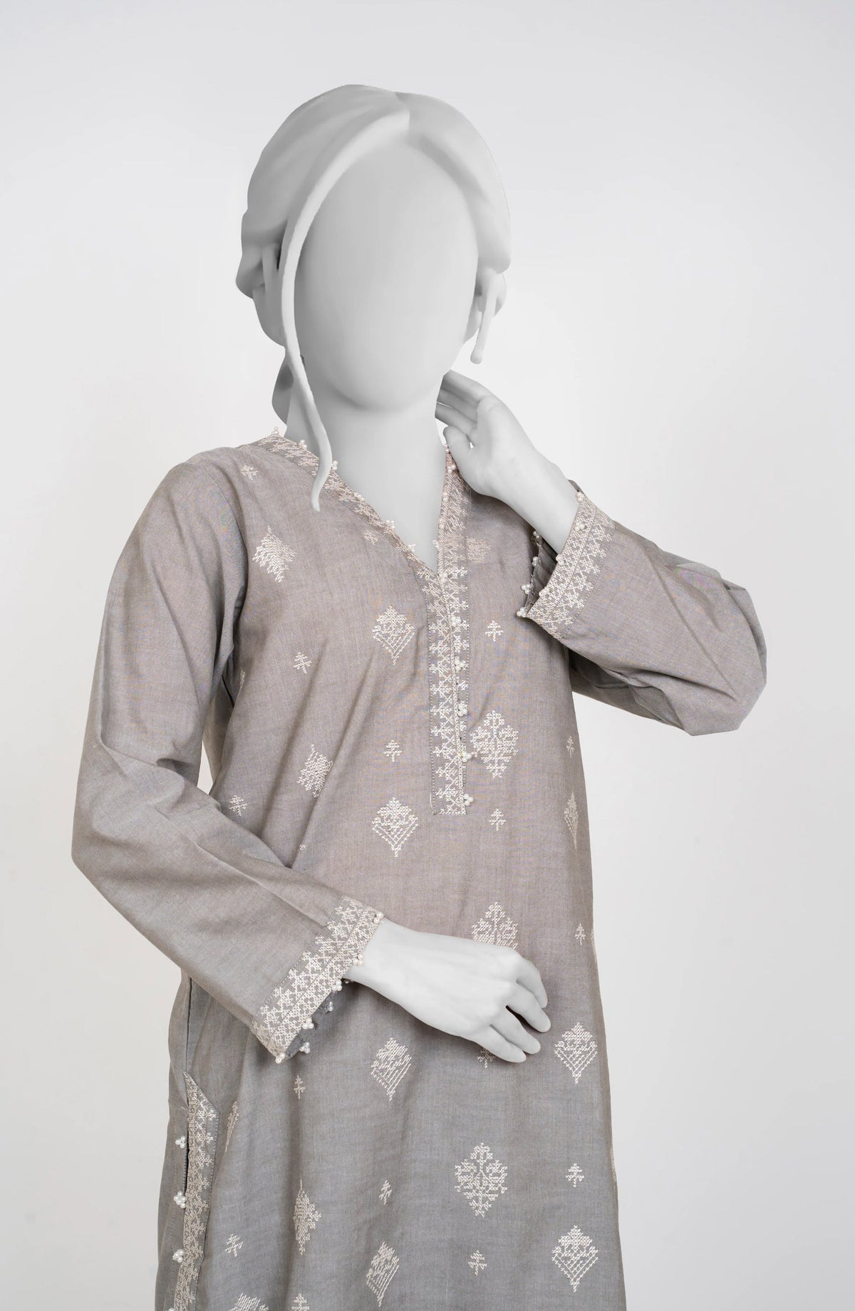 Ayla Embroidered Chambray Stitched 2 Piece Solids - EAE210105H - AY25SW - Silver Grey - Winter Collection