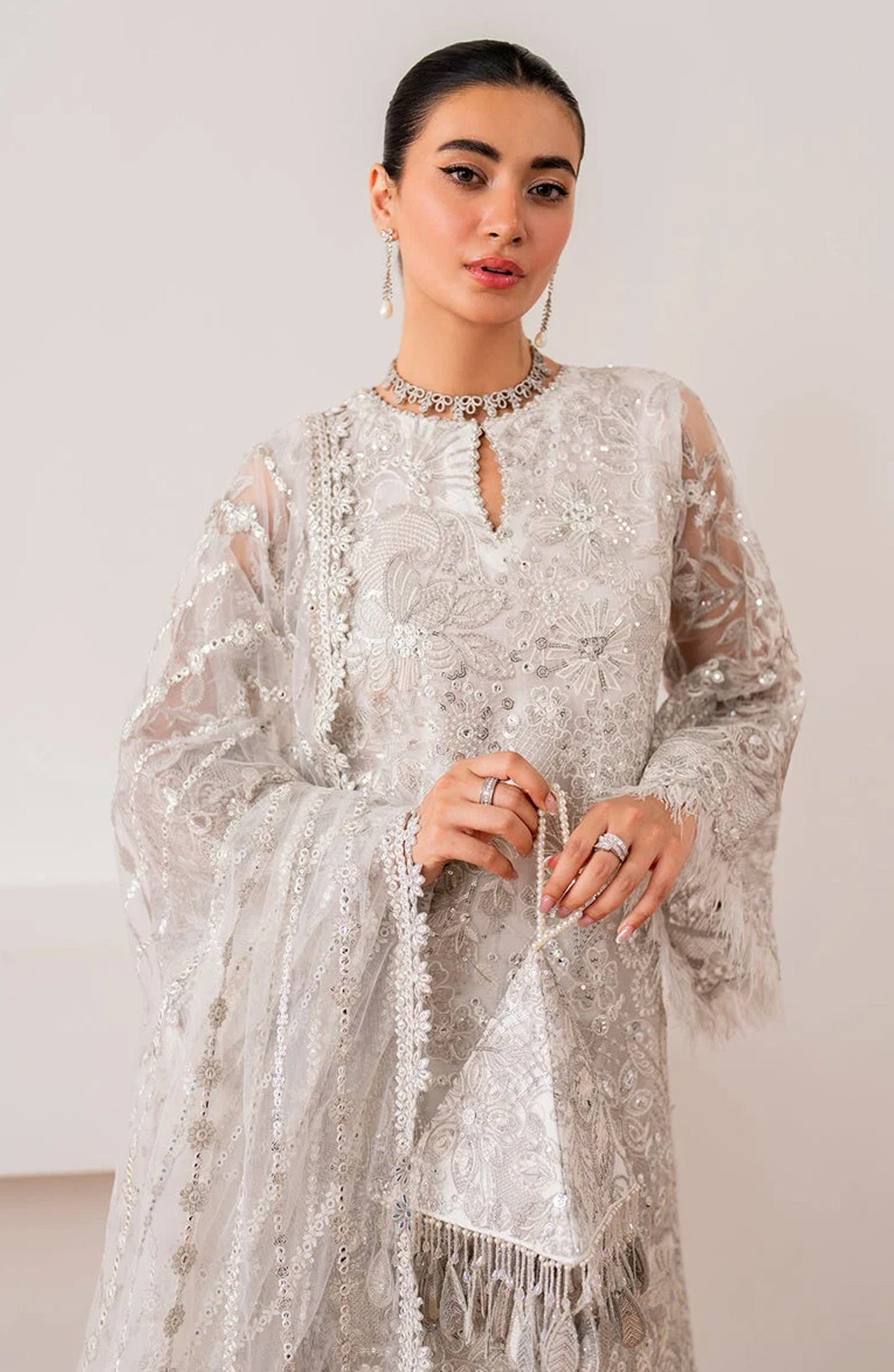 Baroque Chantelle Embroidered Net Unstitched 3 Piece Suit - UF-703 - BQ25CHN - Silver - Formal Collection