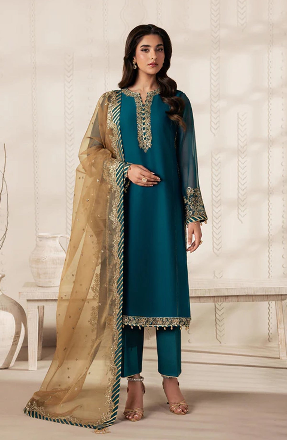 Bayaan by Zarif Embroidered Chiffon Unstitched 3 Piece Suit - 06 Jheel - ZRF26BYN - Ferozi - Festive Collection