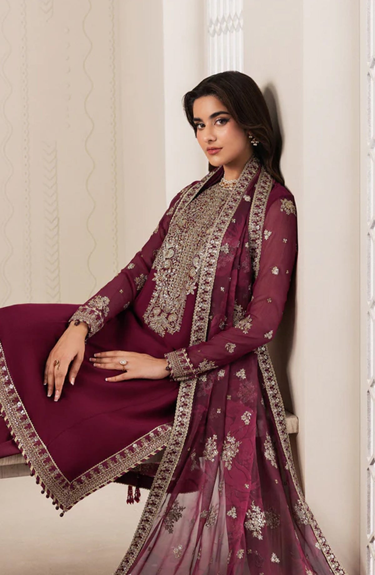 Bayaan by Zarif Embroidered Chiffon Unstitched 3 Piece Suit - 04 Nidah - ZRF26BYN - Pink - Festive Collection