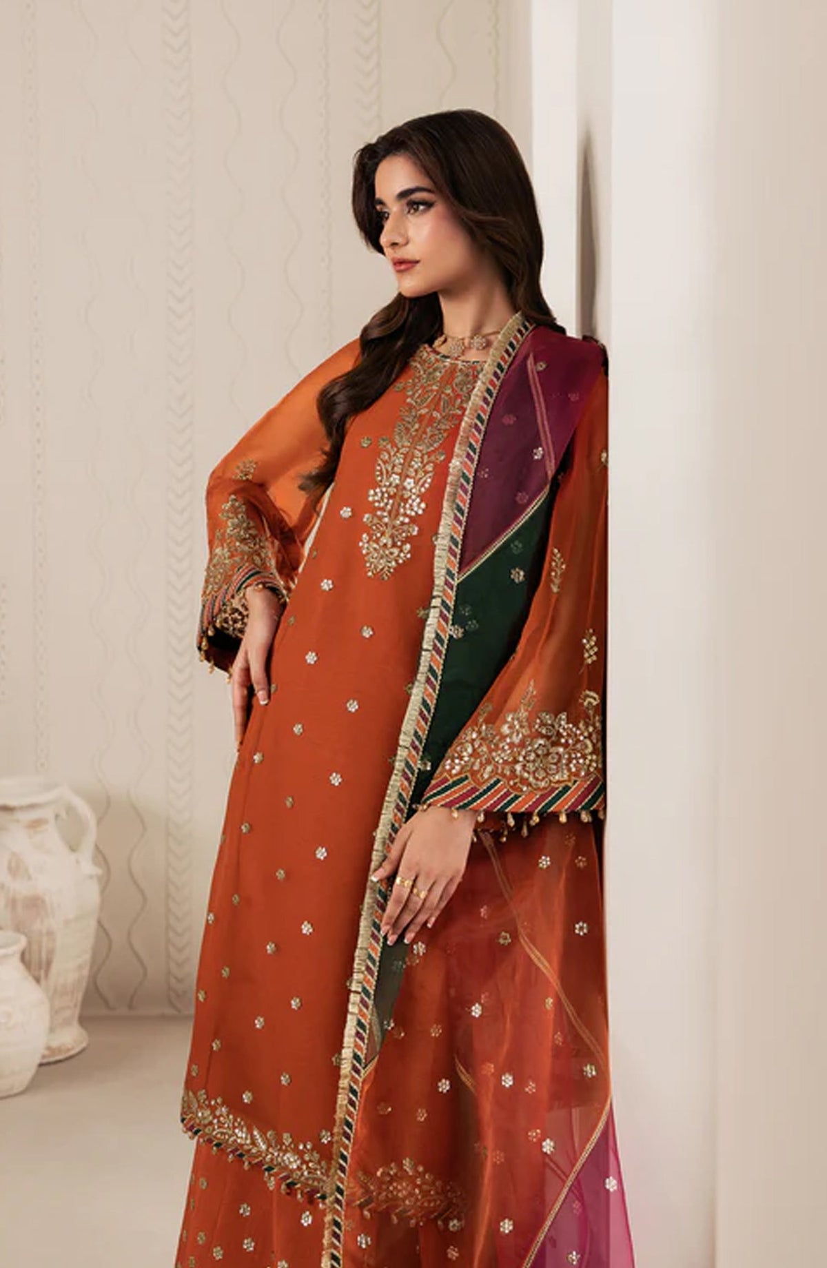 Bayaan by Zarif Embroidered Chiffon Unstitched 3 Piece Suit - 02 Sunoor - ZRF26BYN - Orange - Festive Collection