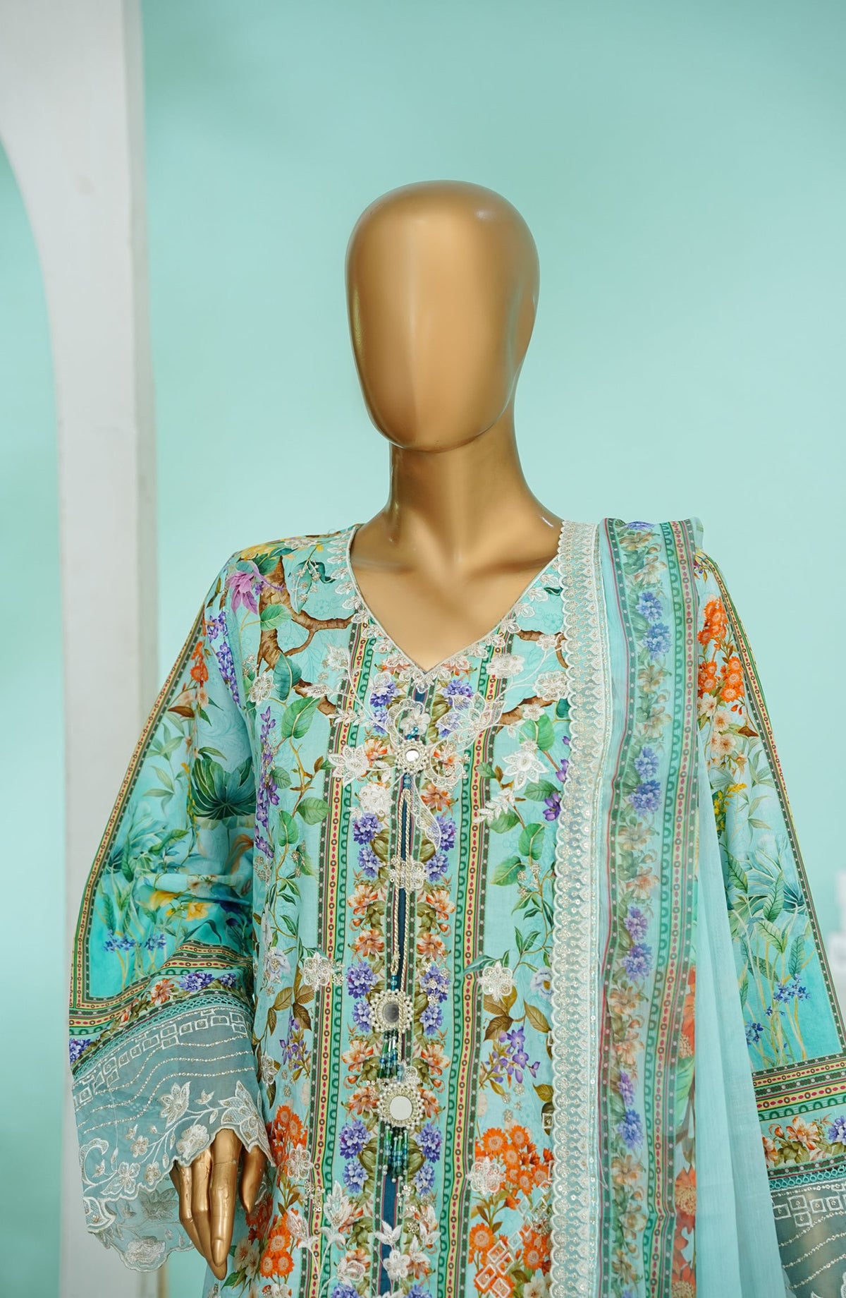 Bin Saeed Chikankari & Appliquekari Stitched 3 Piece Suit - D-01 - BS26QKI - Sea Green - Festive Collection