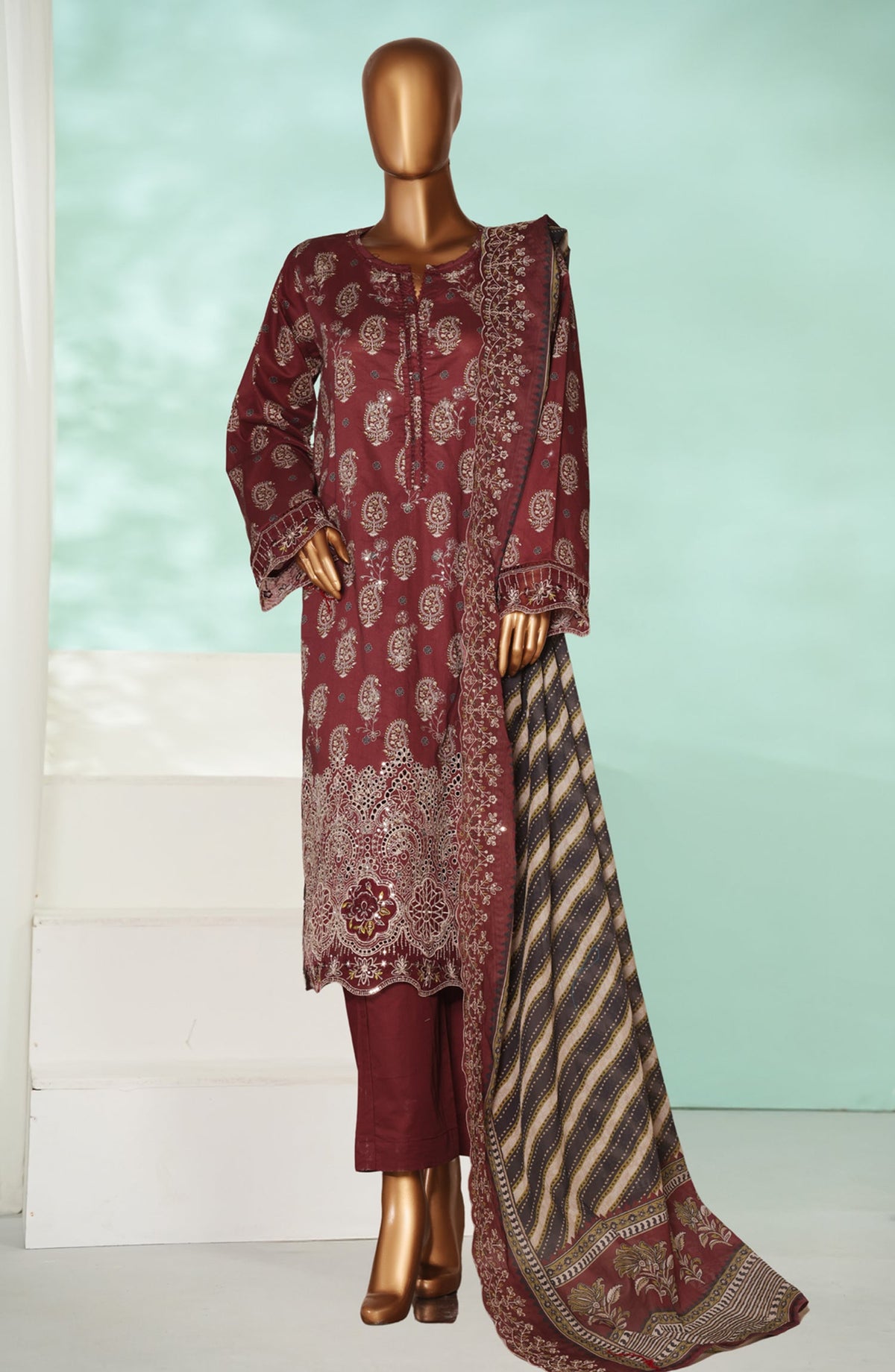 Bin Saeed Luxury Laserkari Lawn Stitched 3 Piece Suit - D-08 - BS26KRL - Maroon - Summer Collection