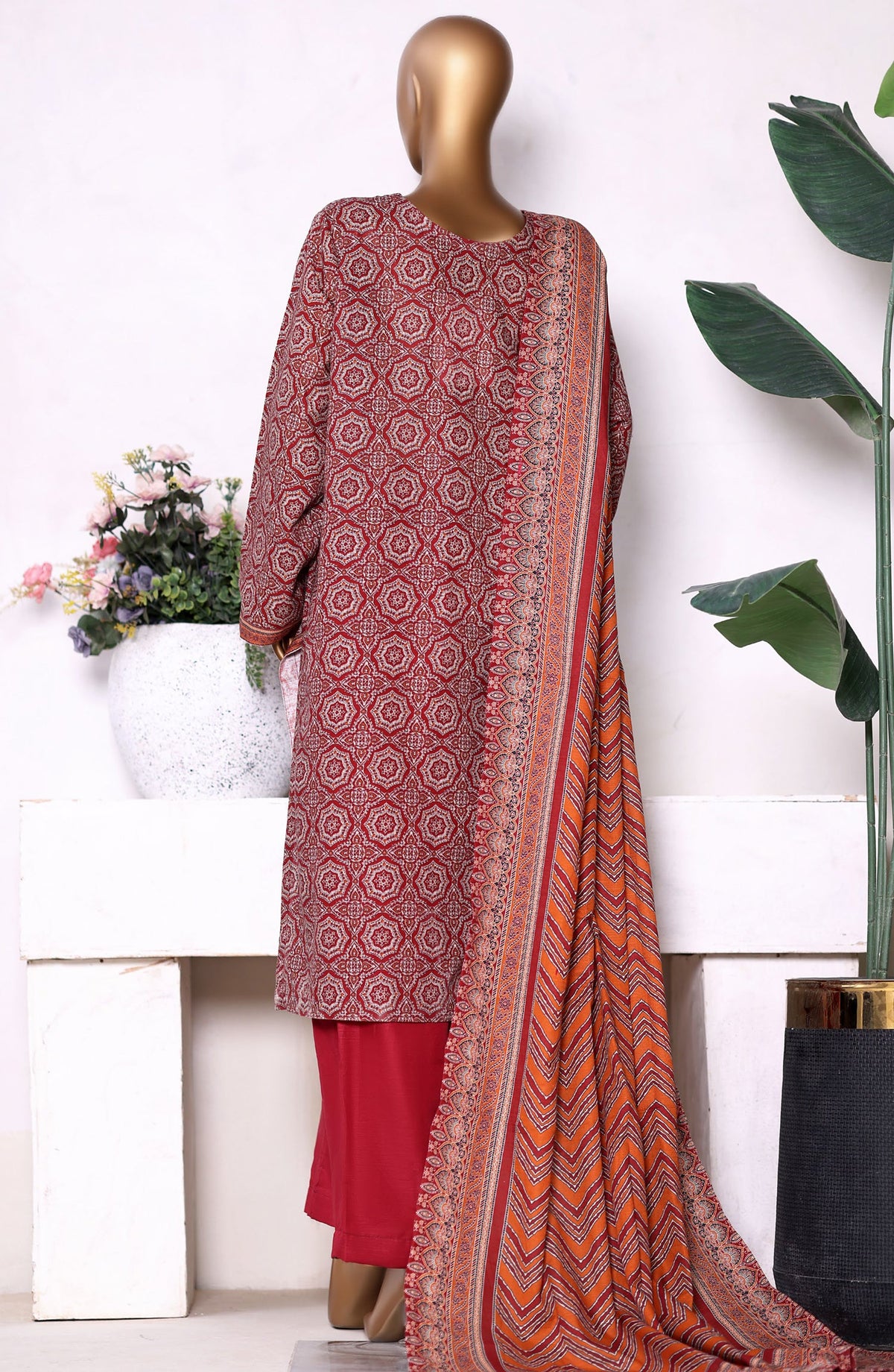 Bin Saeed Printed Khaddar Stitched 3 Piece Suit - Design-08 - BS25PKD - Red - Winter Collection