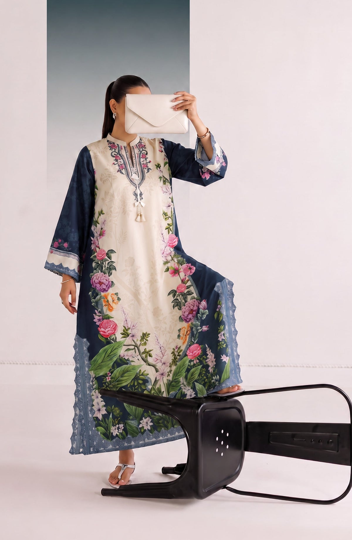 Boho by Amna Khadija Printed D Crepe Stitched Kaftan - AKPB-03 - AM26BOH - Blue White - Summer Collection