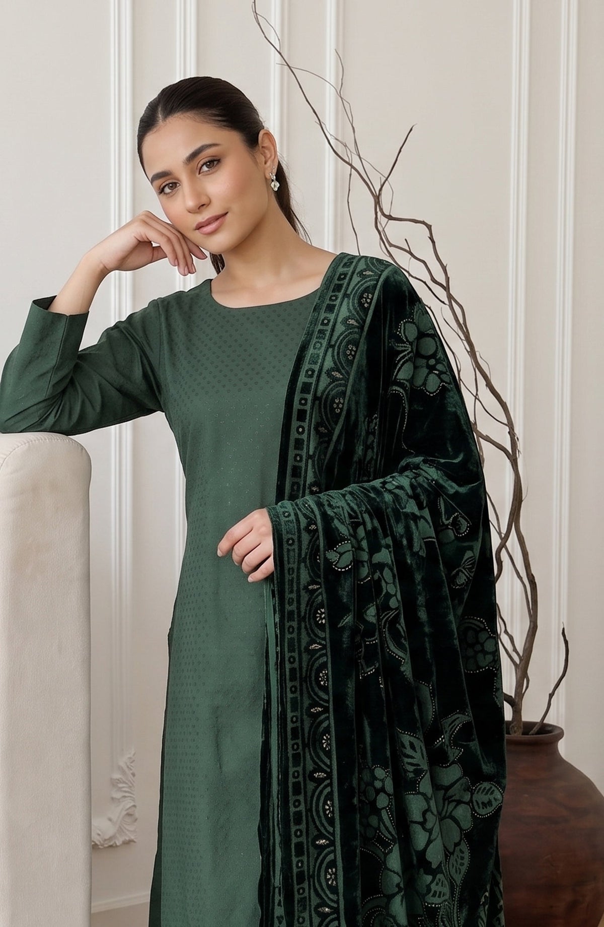 Calira by Amna Khadija Fancy Dhanak Jacquard Unstitched 3 Piece Suit - AKC-03 - AM26CLR - Green - Winter Collection