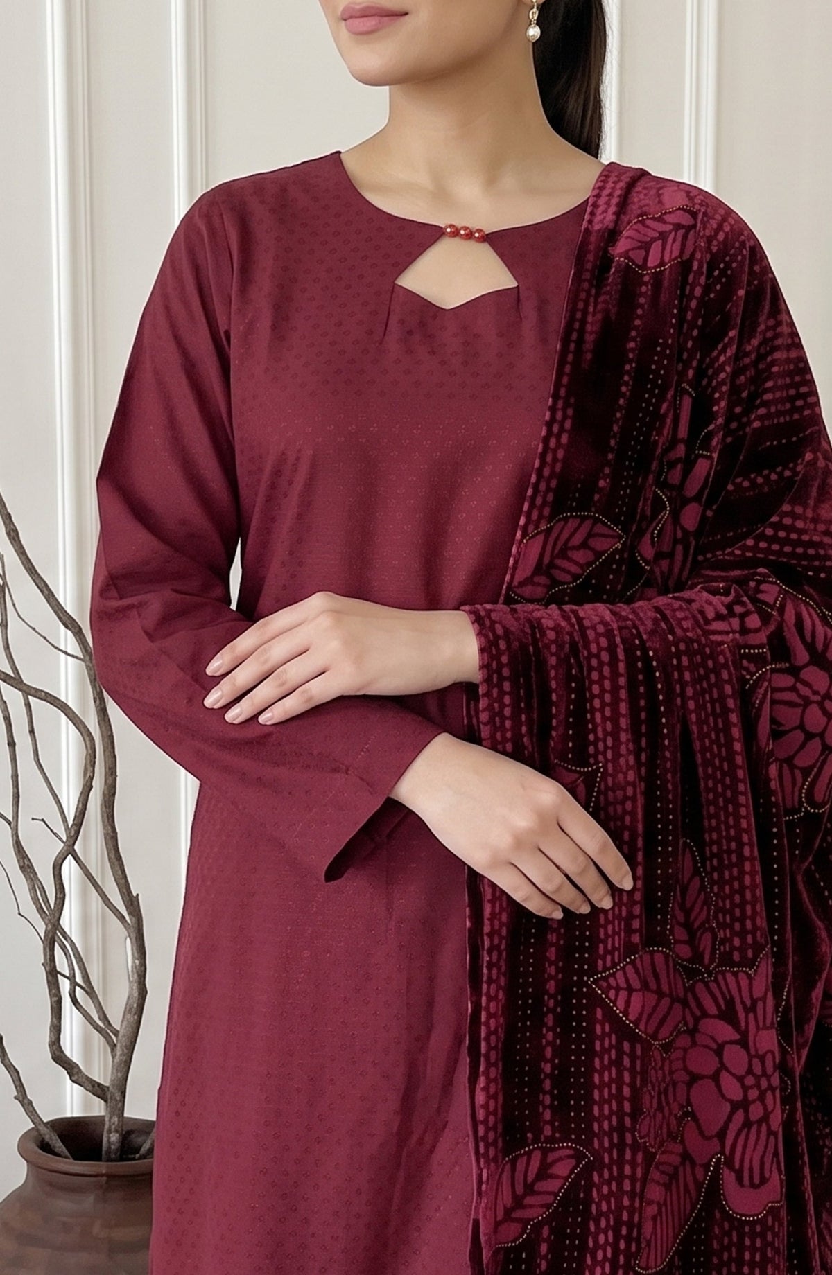 Calira by Amna Khadija Fancy Dhanak Jacquard Unstitched 3 Piece Suit - AKC-04 - AM26CLR - Maroon - Winter Collection