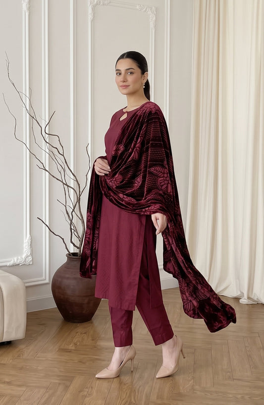Calira by Amna Khadija Fancy Dhanak Jacquard Unstitched 3 Piece Suit - AKC-04 - AM26CLR - Maroon - Winter Collection