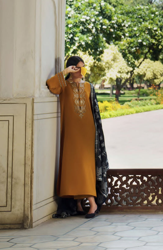 Casual Lite Moksha Embroidered Silk Karandi Stitched 3 Piece Suit - D-02 AZAR - CL26MK - Mustard - Winter Collection