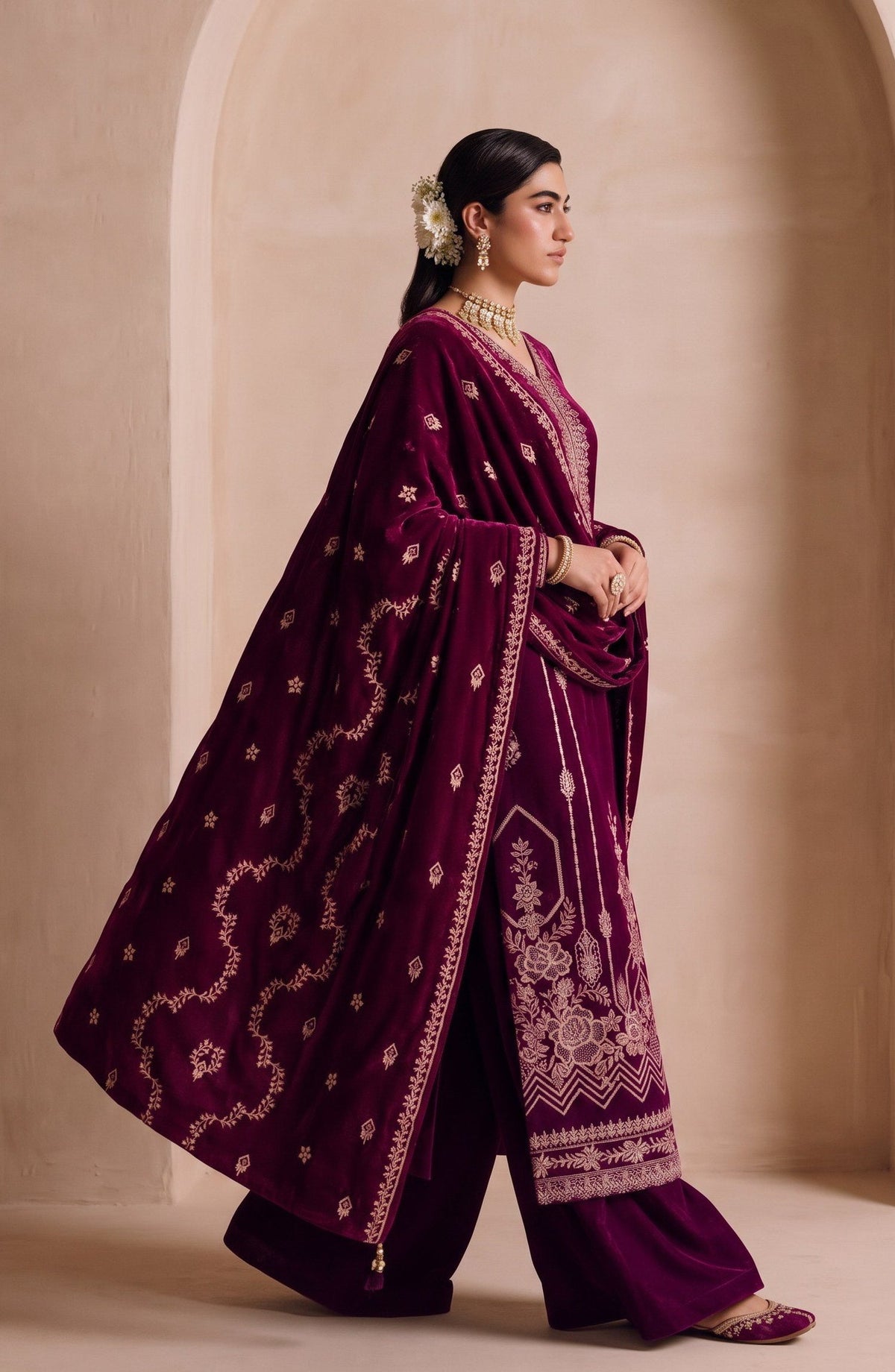 Chanchal by Amna Khadija Embroidered Velvet Unstitched 3 Piece Suit - D-03 - AM26CNL - Maroon - Winter Collection