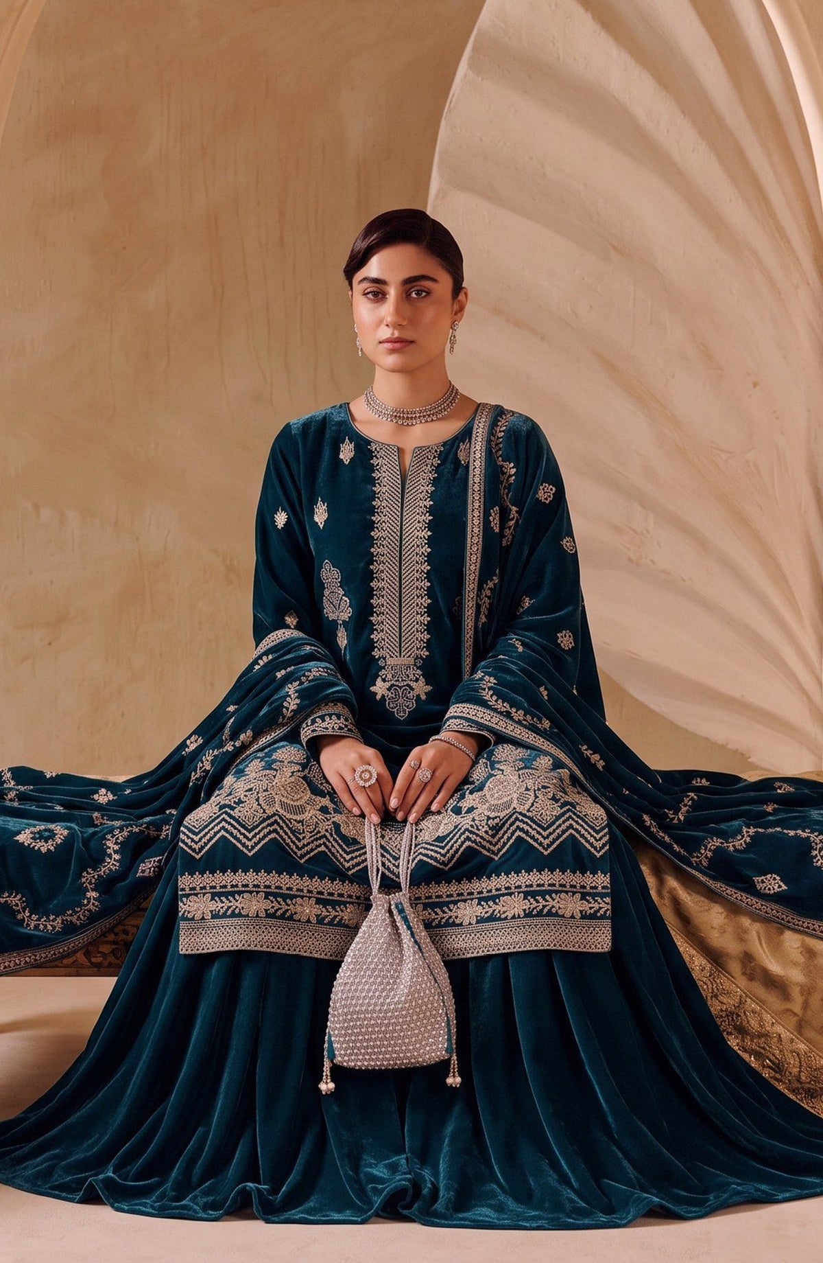 Chanchal by Amna Khadija Embroidered Velvet Unstitched 3 Piece Suit - D-04 - AM26CNL - Blue - Winter Collection