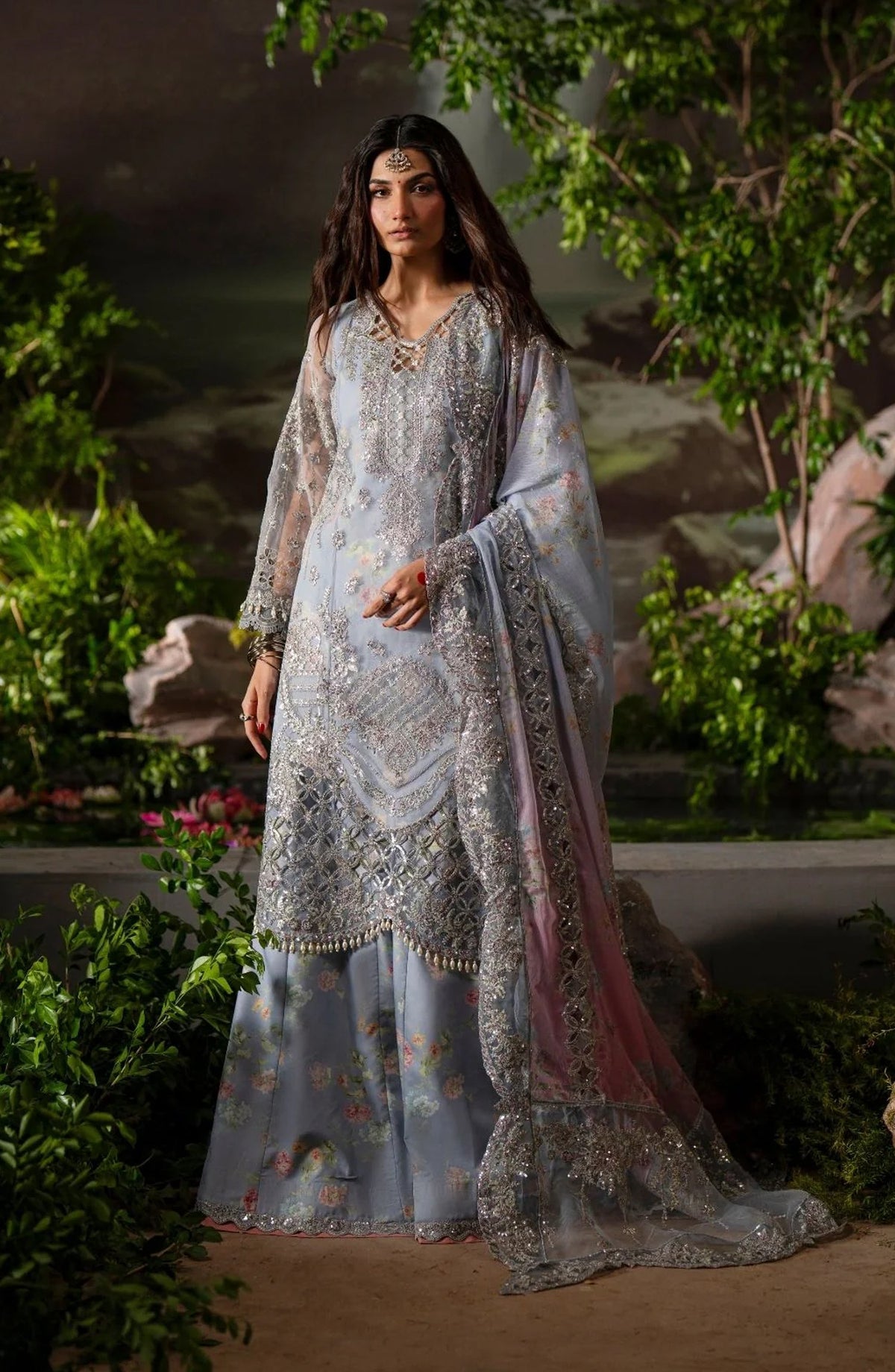 Dastan e Ishq by AJR Luxury Embroidered Organza Unstitched 3 Piece Suit - AJR-DS-06 MAH JABEEN - AJR25DST - Blue - Festive Formals Collection