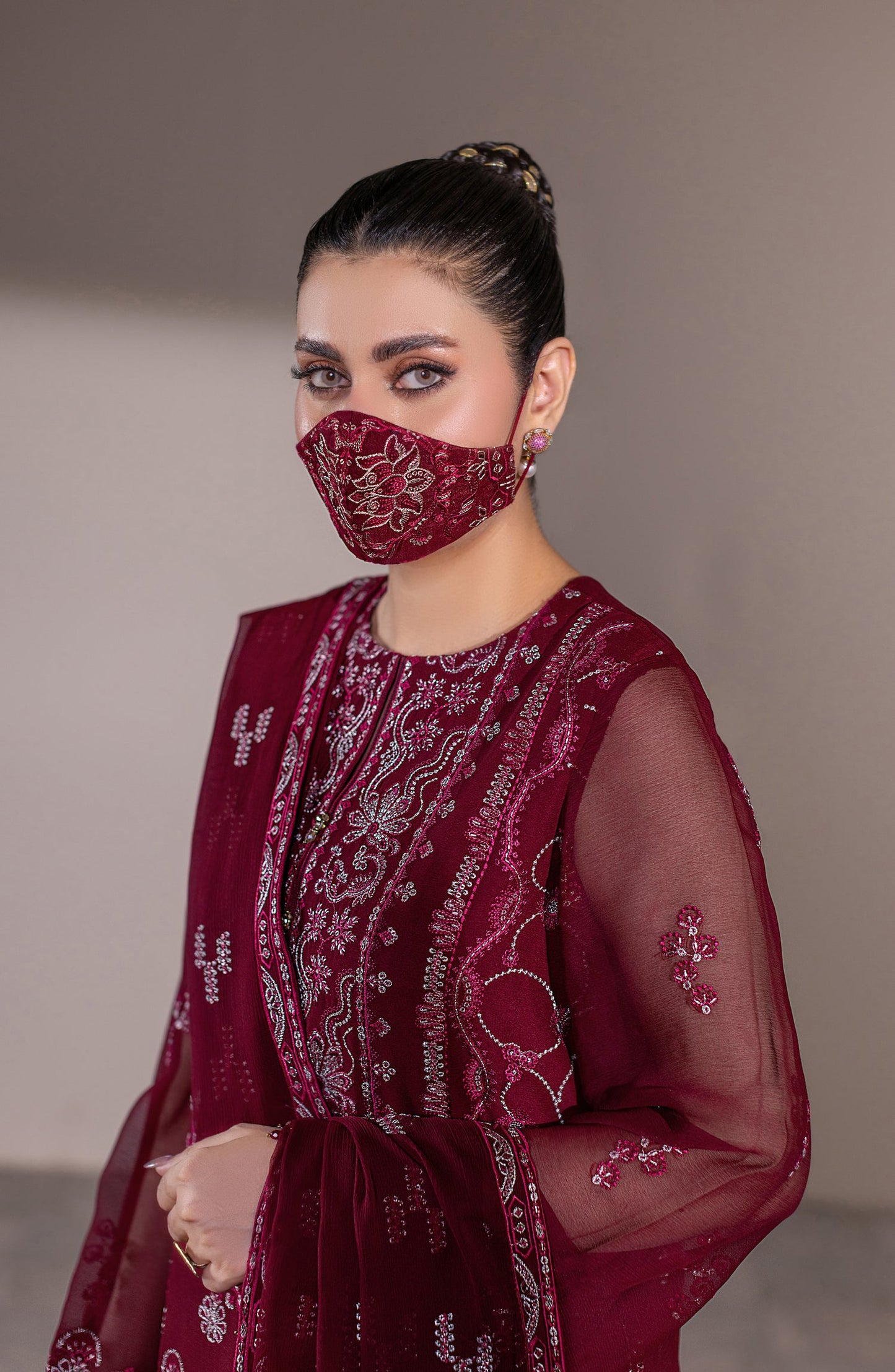 Dilkash Kuch Khas by Flossie Embroidered Chiffon Unstitched 3 Piece Suit - D2 (A) - FLS26DLK - Maroon - Luxury Collection
