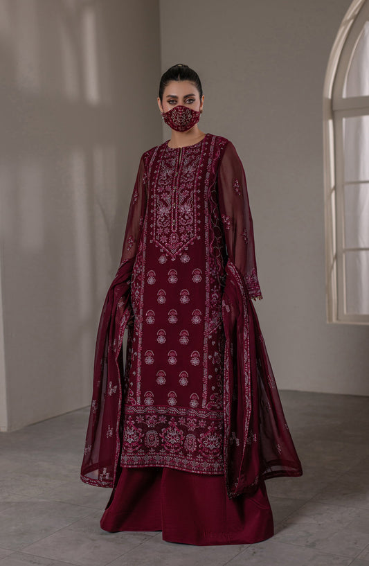 Dilkash Kuch Khas by Flossie Embroidered Chiffon Unstitched 3 Piece Suit - D2 (A) - FLS26DLK - Maroon - Luxury Collection