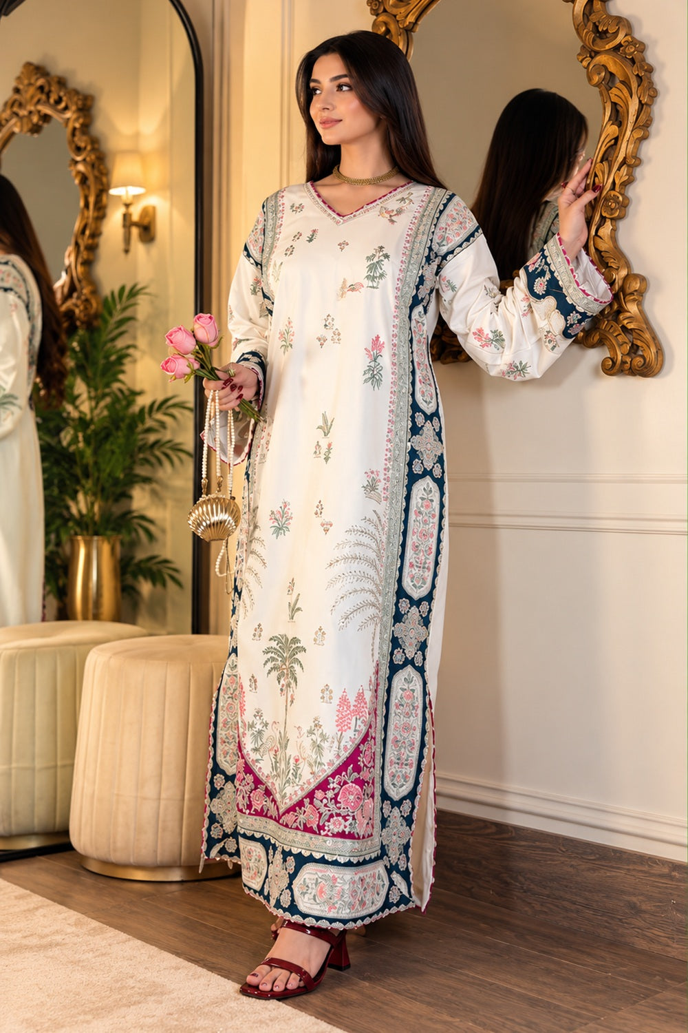 ETHNC Luxury Floral Embroidered Kaftan – Pure Viscose Raw Silk | Ready to Wear - TC-1814