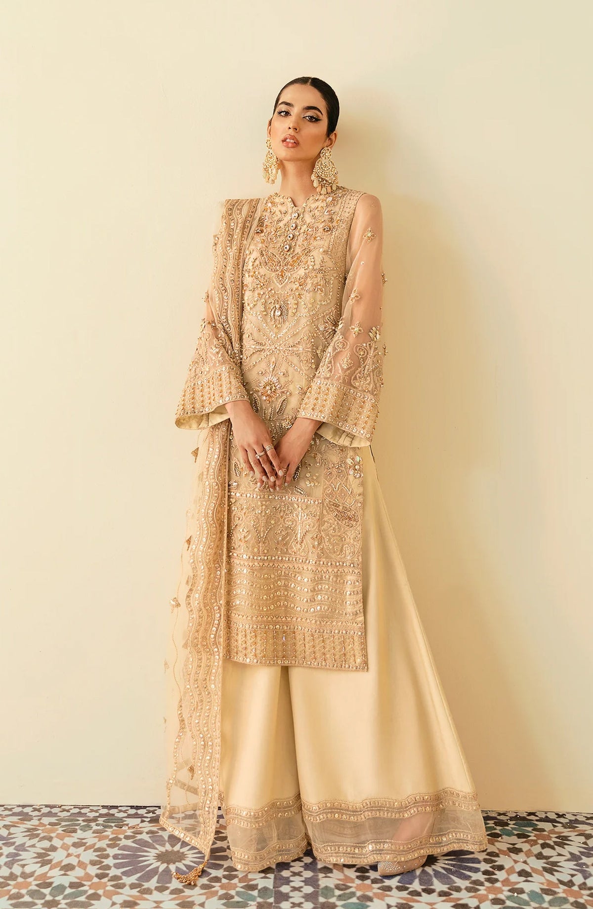 Elinor by Akbar Aslam Luxury Embroidered Organza Unstitched 3 Piece Suit - Amazona - AKA25ELN - Fawn - Festive Collection