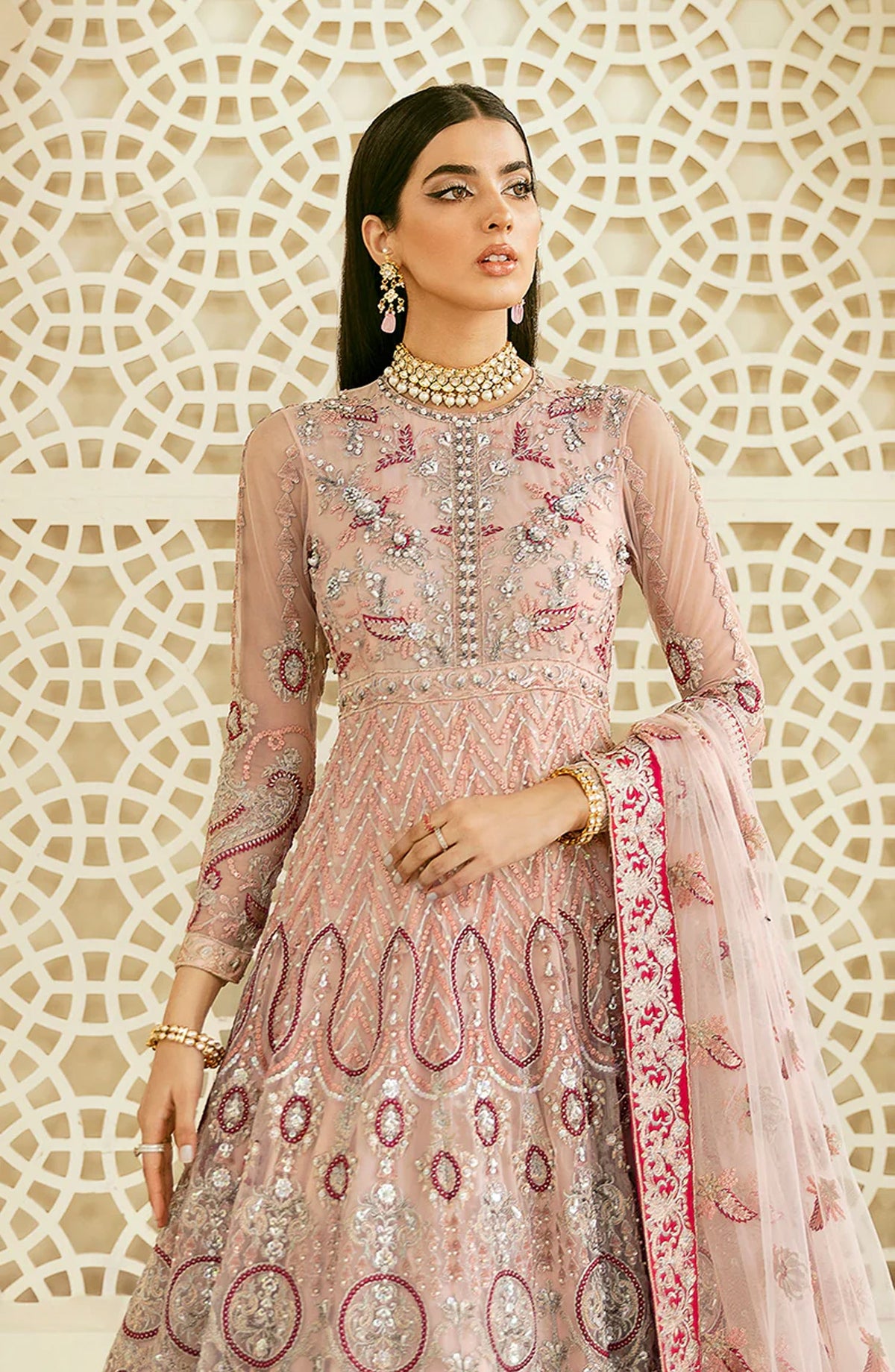 Elinor by Akbar Aslam Luxury Embroidered Net Unstitched 3 Piece Suit - Albatross - AKA25ELN - Pink - Festive Collection