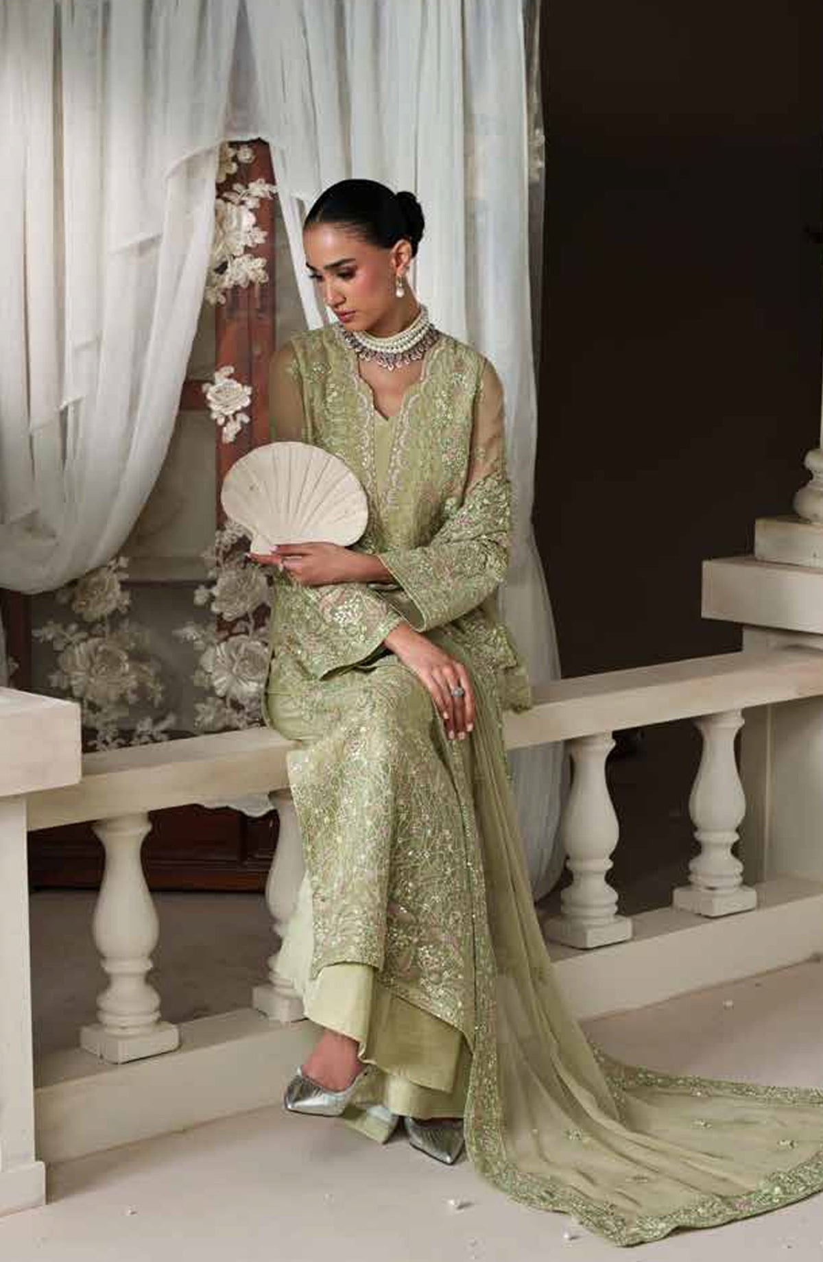 Emaan Adeel Modern Heirloom Embroidered Chiffon Unstitched 3 Piece Suit - D-7 Modern Belle - ED26MH - Green - Festive Collection