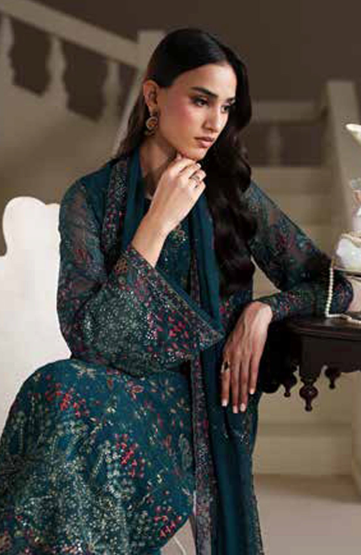 Emaan Adeel Modern Heirloom Embroidered Chiffon Unstitched 3 Piece Suit - D-9 Antique Charm - ED26MH - Teal - Festive Collection