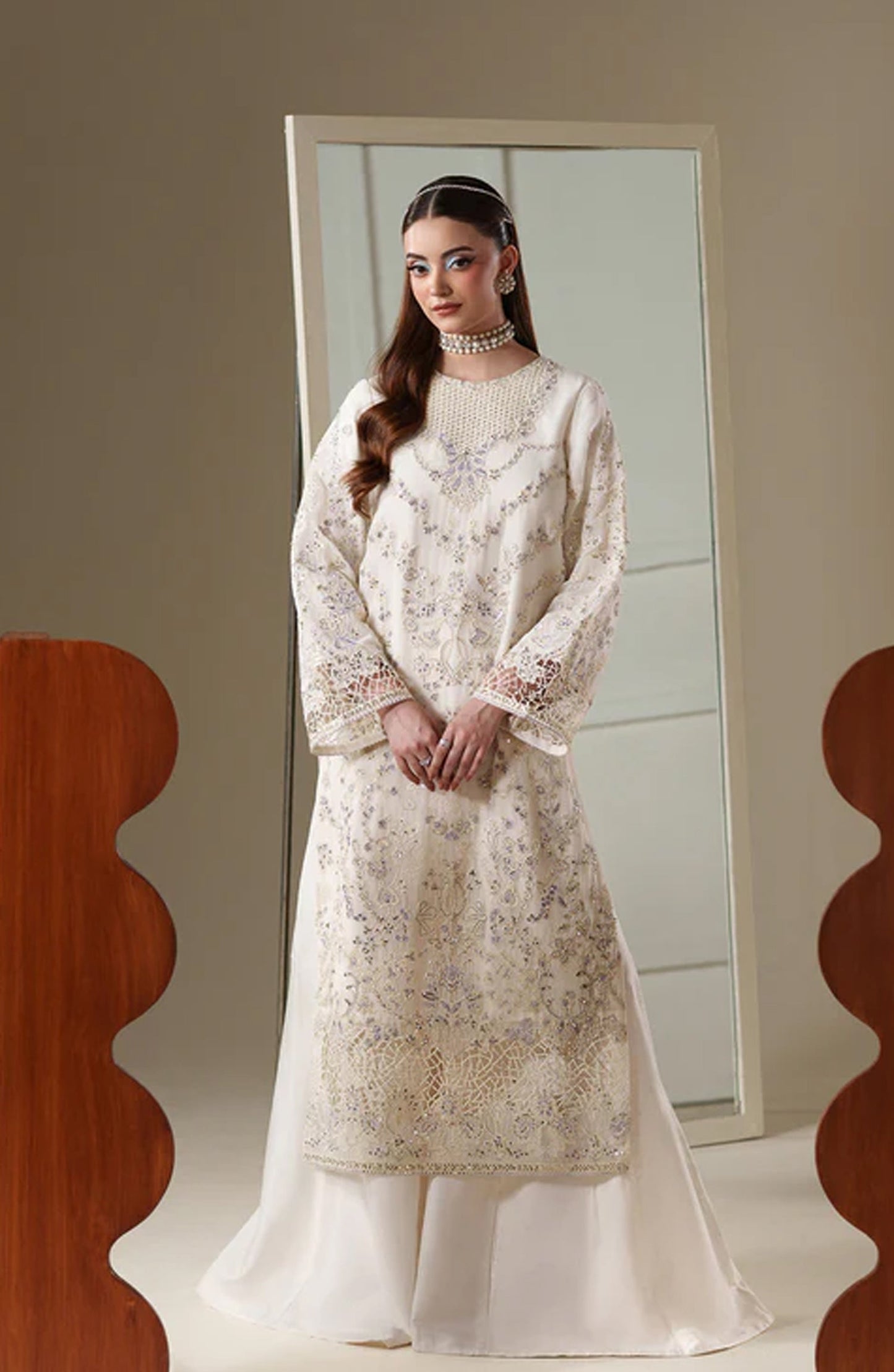 Emaan Adeel Nouvelle Embroidered Chiffon Unstitched 3 Piece Suit - 09 Elosie - ED26NV - Off White - Luxury Collection