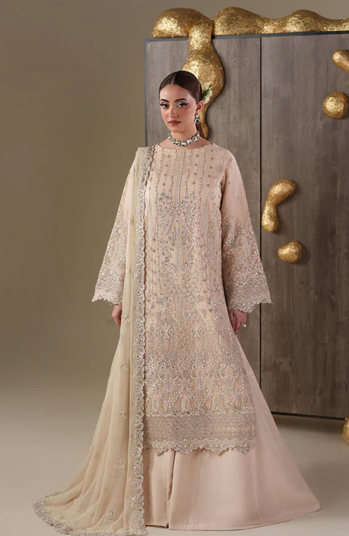 Emaan Adeel Nouvelle Embroidered Chiffon Unstitched 3 Piece Suit - 01 Camallie - ED26NV - Pink - Luxury Collection