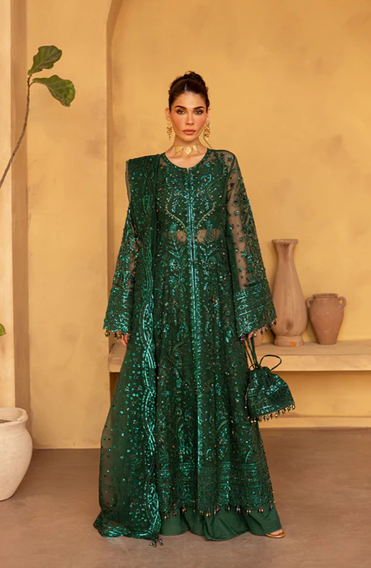 Emaan Adeel Regalia Luxury Formals Embroidered Organza Unstitched 3 Piece Suit - ED25RGLF - IVYEN - Green - Festive Collection