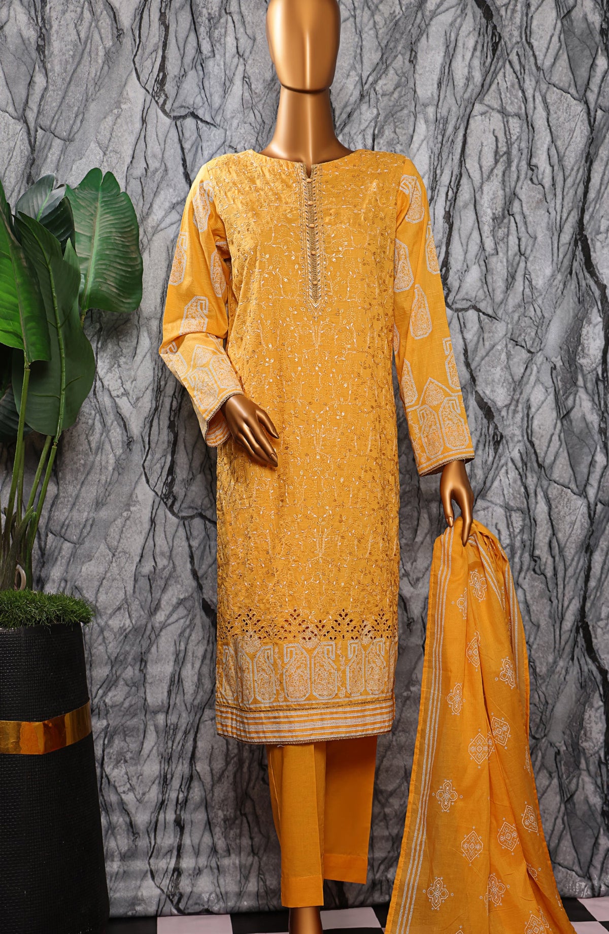HZ Textiles Exclusive Embroidered Slub Cotton Unstitched 3 Piece Suit - EMC-35 - HZ26EXCL - Mustard - Mid Summer Collection