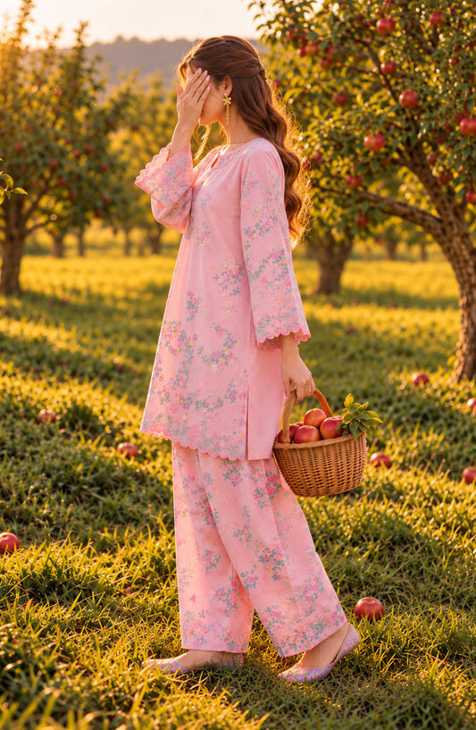 Fairy Meadows by Amna Khadija Embroidered Cotton Stitched 2 Piece Co-ord Set - AKFM-01 - AM26MED - Pink - Casual Collection