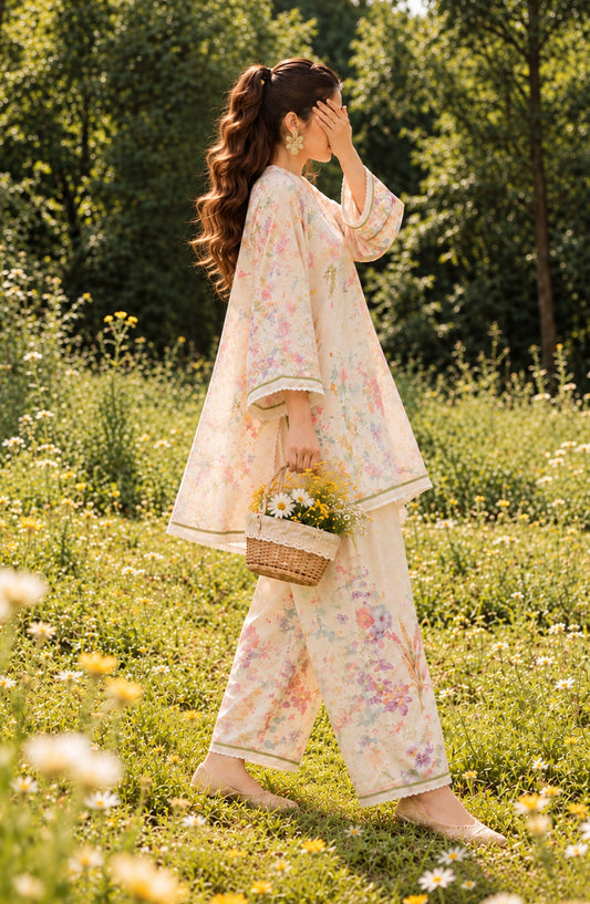 Fairy Meadows by Amna Khadija Printed Cotton Stitched 2 Piece Co-ord Set - AKFM-02 - AM26MED - Off White - Casual Collection