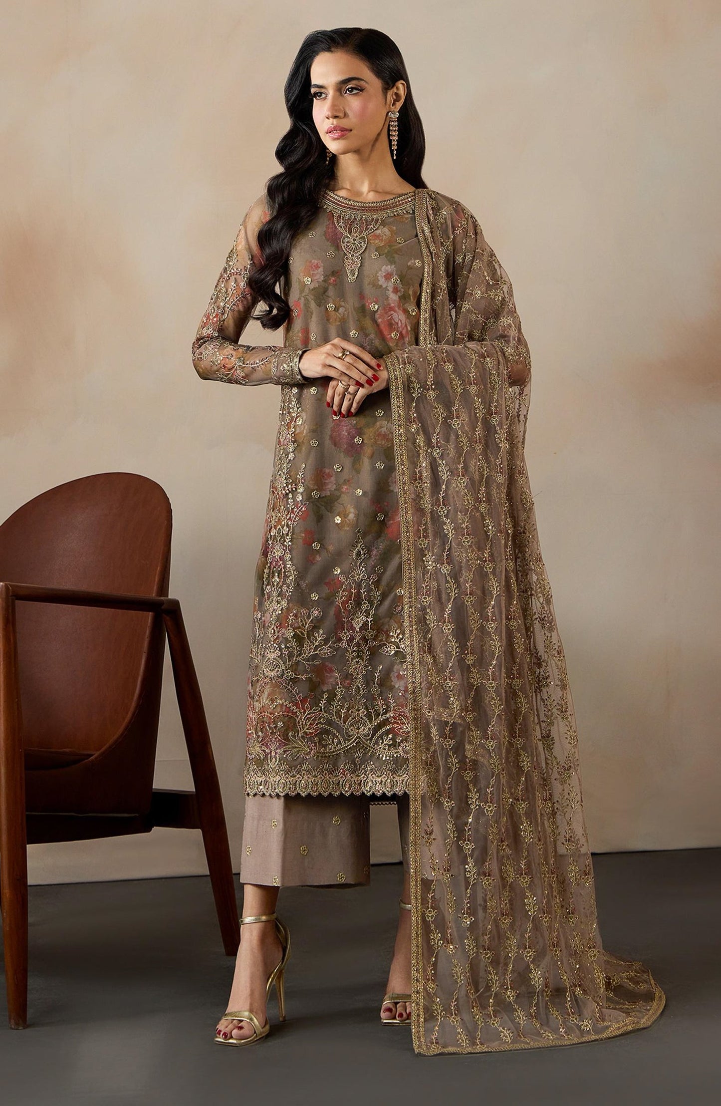 Fasana by Zarif Embroidered Net Unstitched 3 Piece Suit - PE-02 DILAAB - ZRF26FS - Beige - Formals Collection