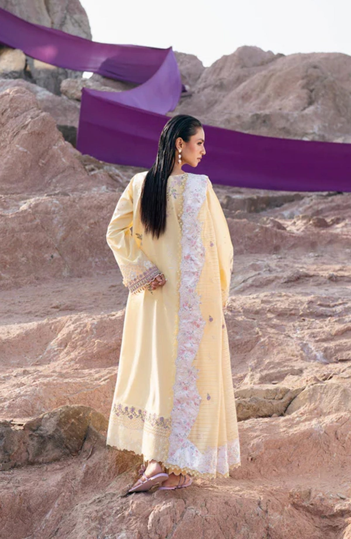Florent Festive Luxury Embroidered Lawn Unstitched 3 Piece Suit - FLL-5A - FL26FLW - Yellow - Summer Collection