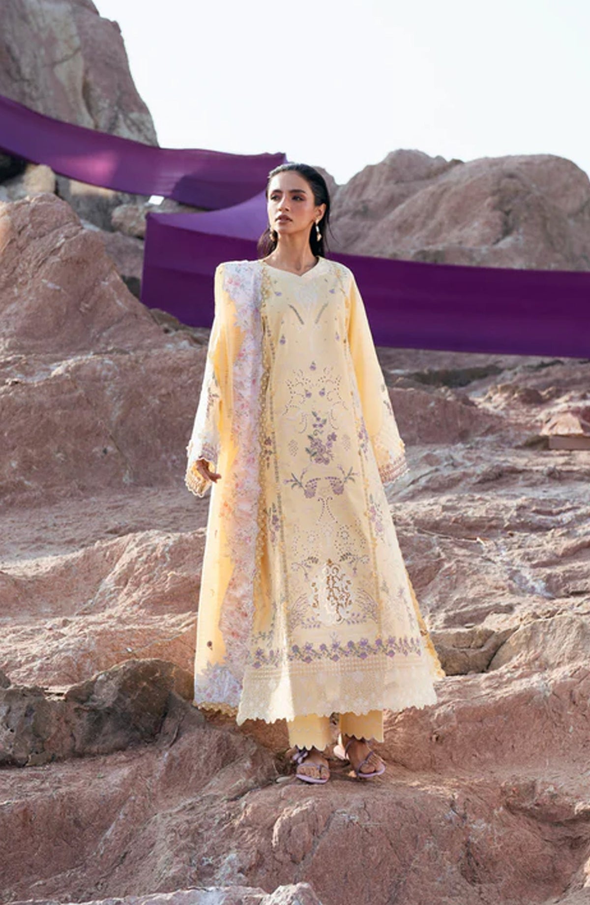 Florent Festive Luxury Embroidered Lawn Unstitched 3 Piece Suit - FLL-5A - FL26FLW - Yellow - Summer Collection