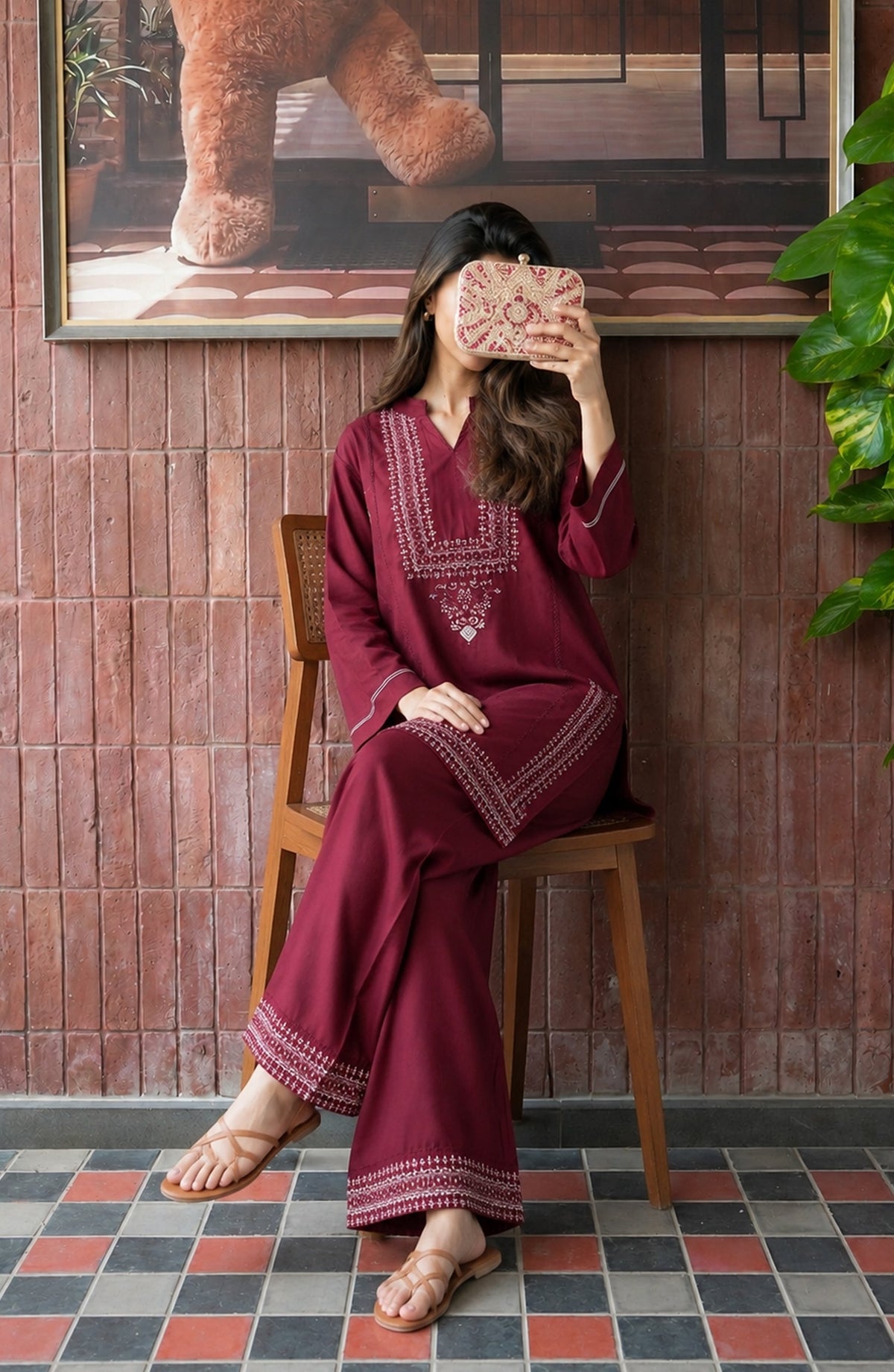 Gul Tanka by Amna Khadija Embroidered Cotton Stitched 2 Piece Co-ord Set - AKPGT-01 - AM26GTNK - Maroon - Summer Collection
