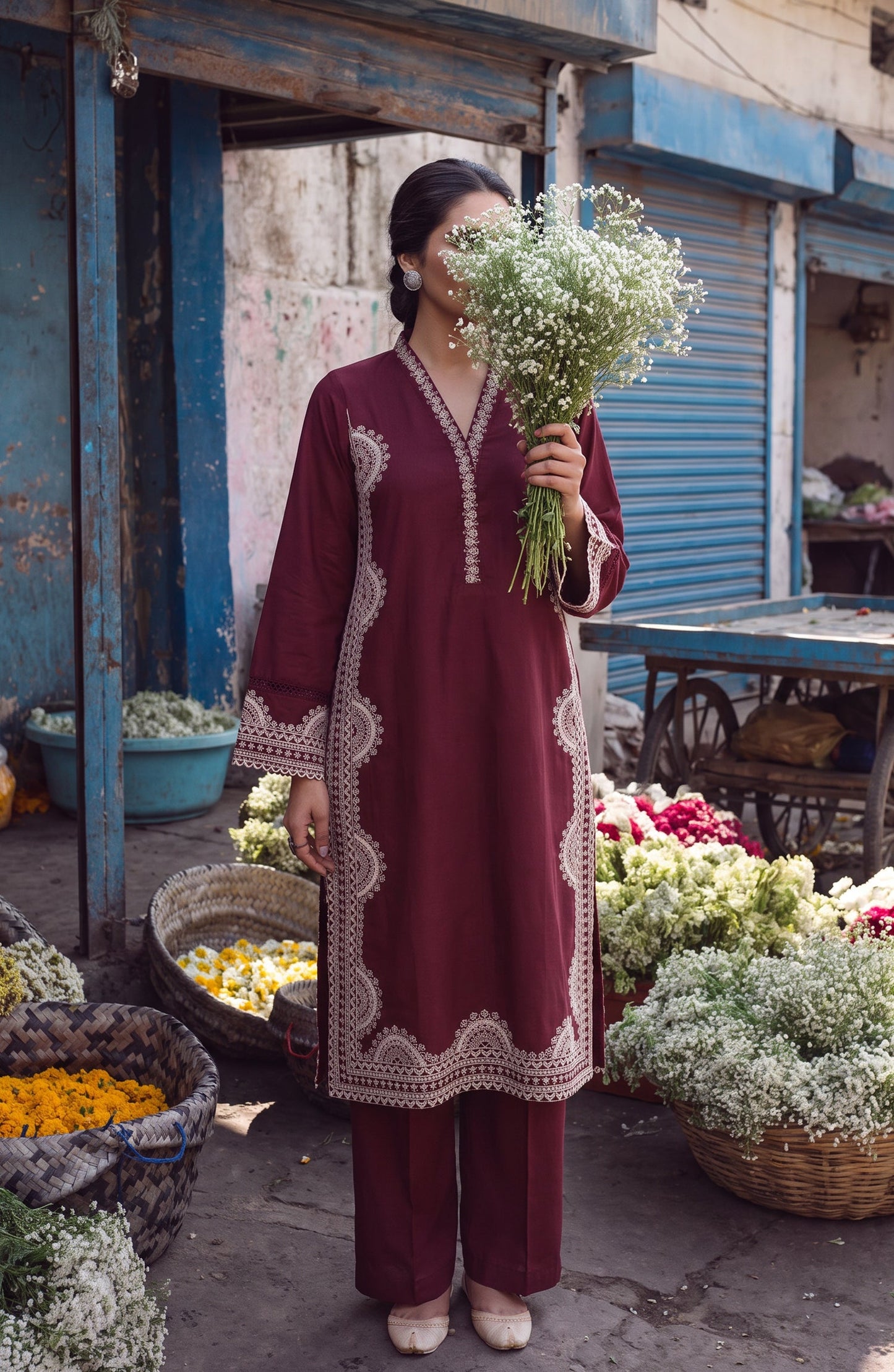 Gul e Jana by Amna Khadija Embroidered Cotton Stitched 2 Piece Co-ord Set - AKGJ-01 - AM26GLJ - Maroon - Summer Collection