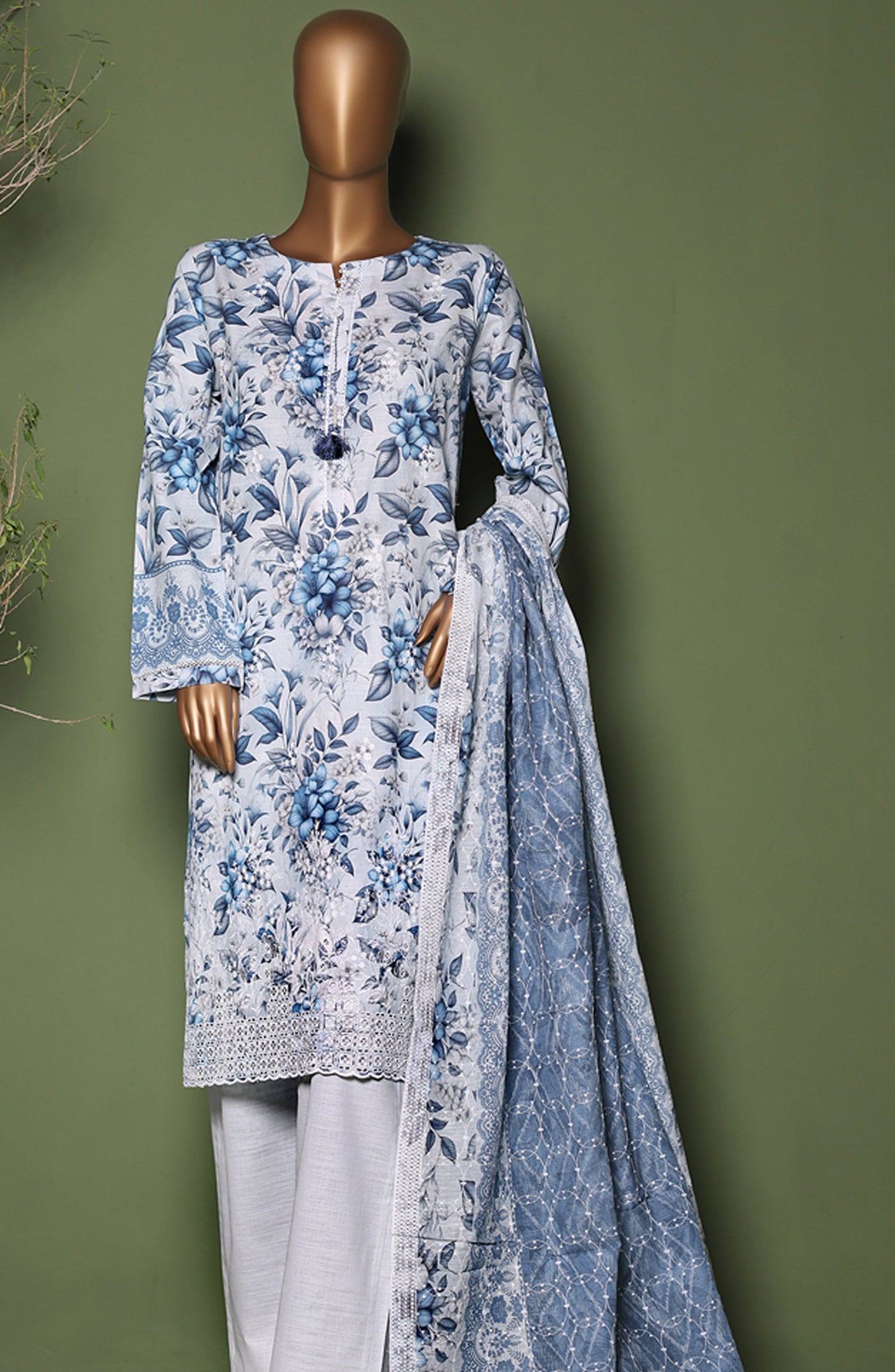 HZ Printkari Embroidered Khaddar Stitched 3 Piece Suit - KPS-3P-2548 Faded Sky - HZ25KHP - Light Blue - Winter Collection