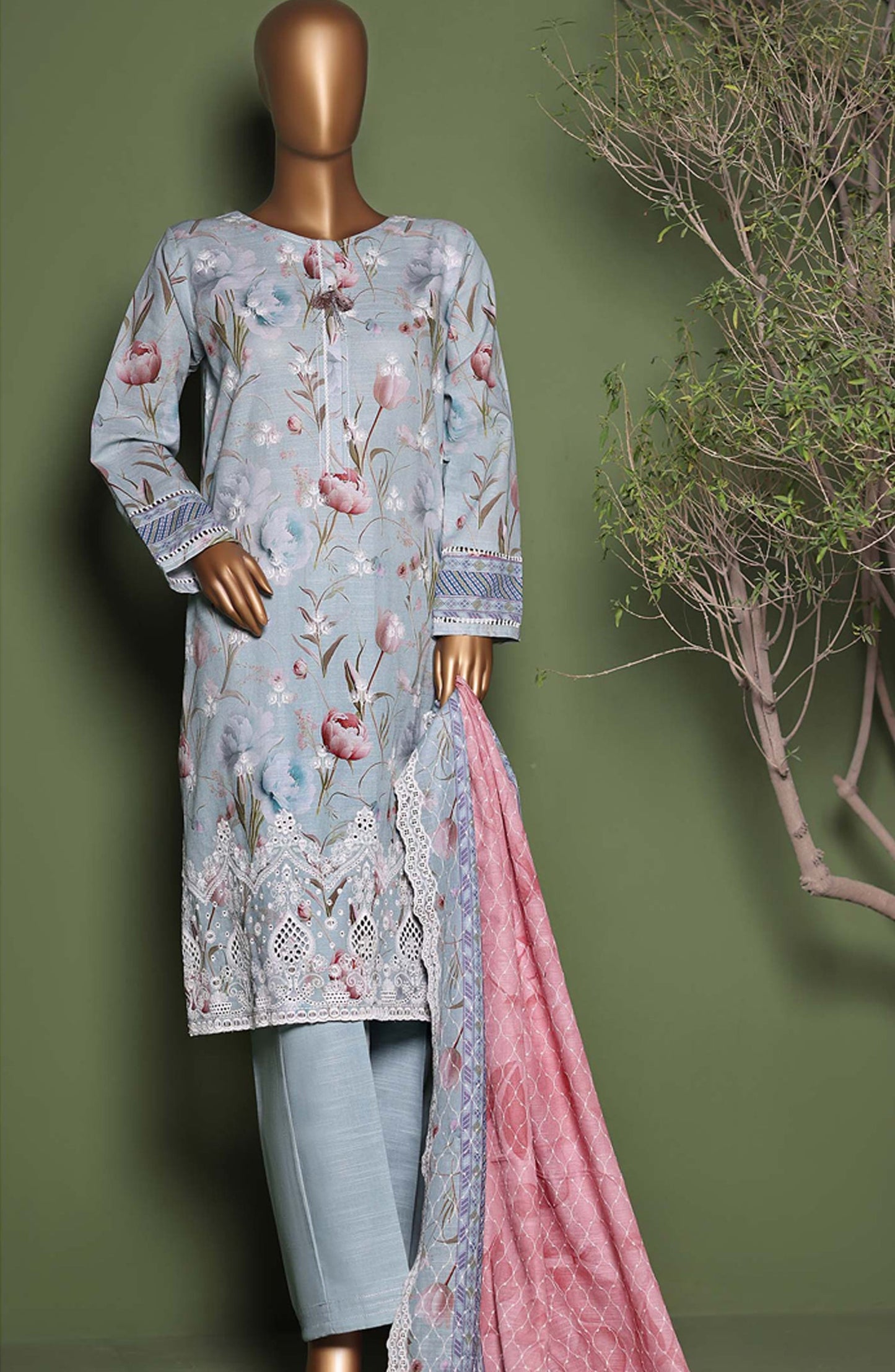 HZ Printkari Embroidered Khaddar Stitched 3 Piece Suit - KPS-3P-2542 Ocean Blue - HZ25KHP - Blue - Winter Collection