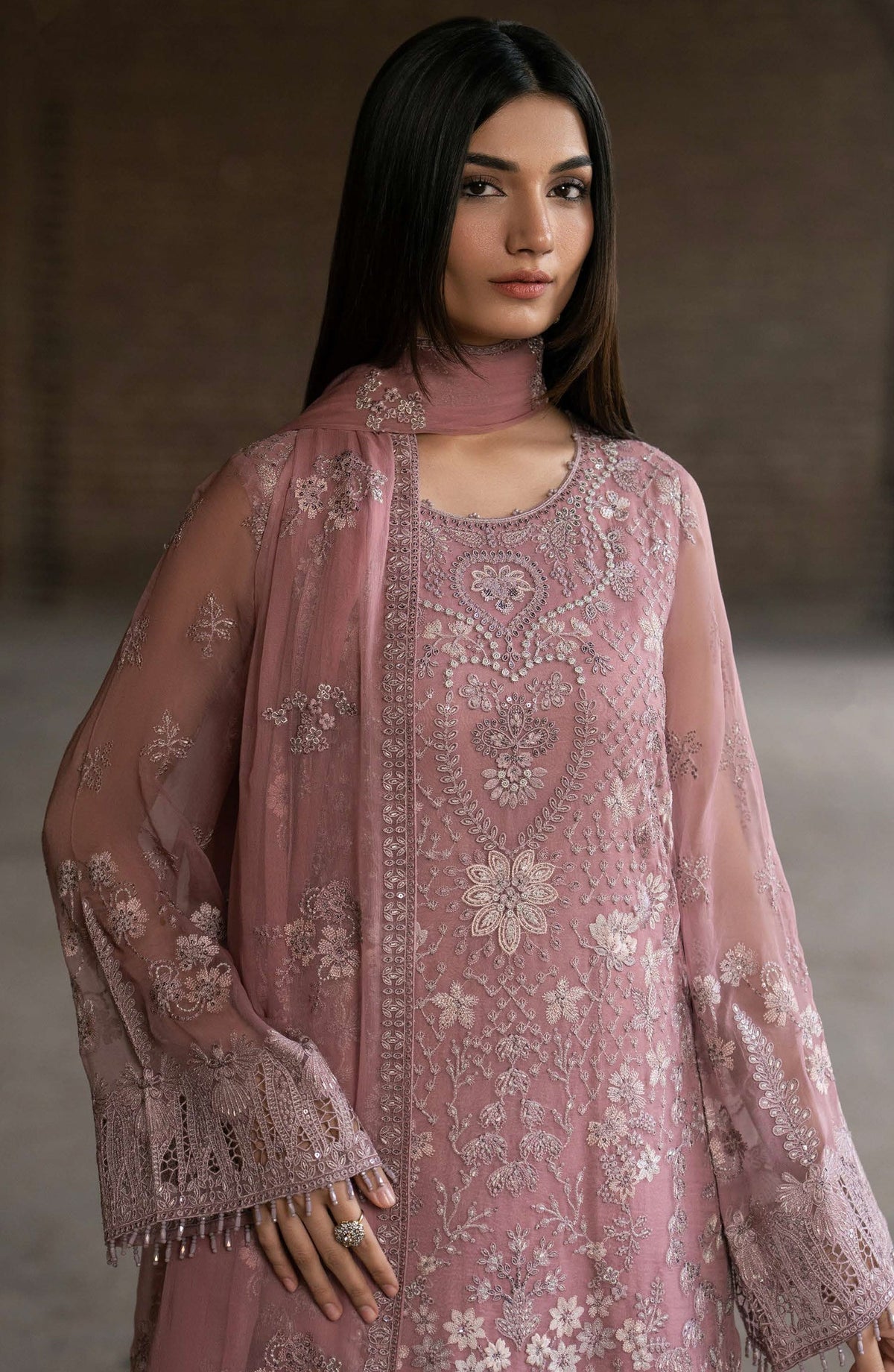 Humsafar by Lavish Premium Embroidered Chiffon Unstitched 3 Piece Suit - D-05 Floral Pink - LP26HMS - Luxury Collection