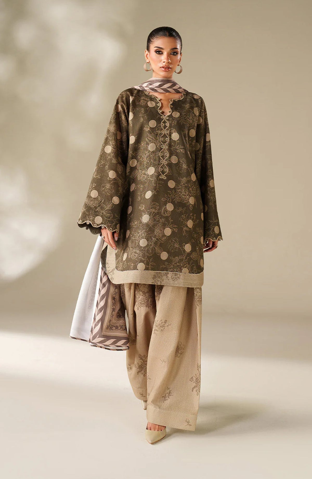 Iznik Embroidered Khaddar Unstitched 3 Piece Suit - UE-565 - IZN25KHD - Olive Branch - Winter Collection