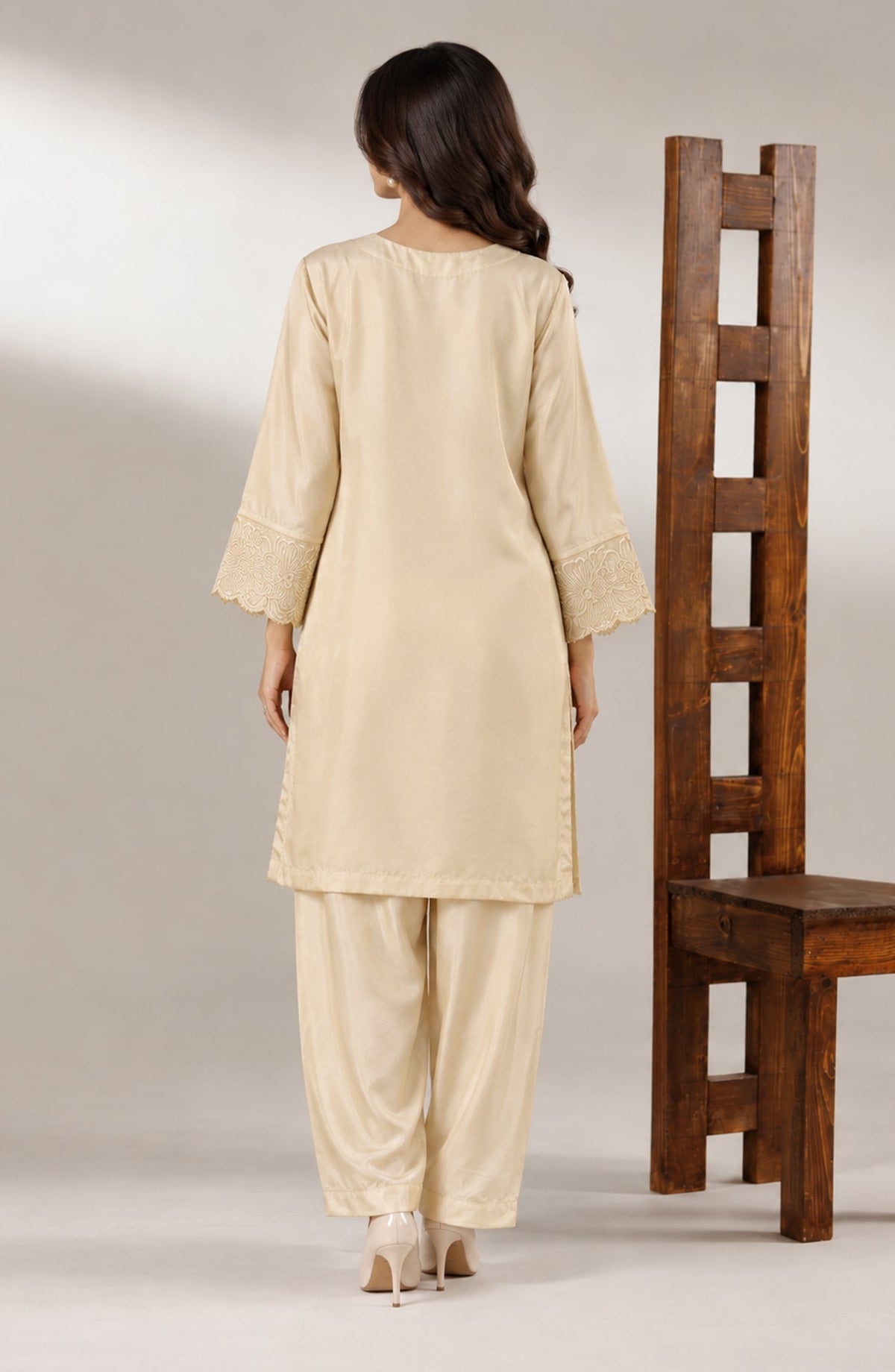 Jannah Noe by Amna Khadija Embroidered Silk Stitched 2 Piece Co-ord Set - JNLS-19 - AM26HON - Fawn - Summer Collection